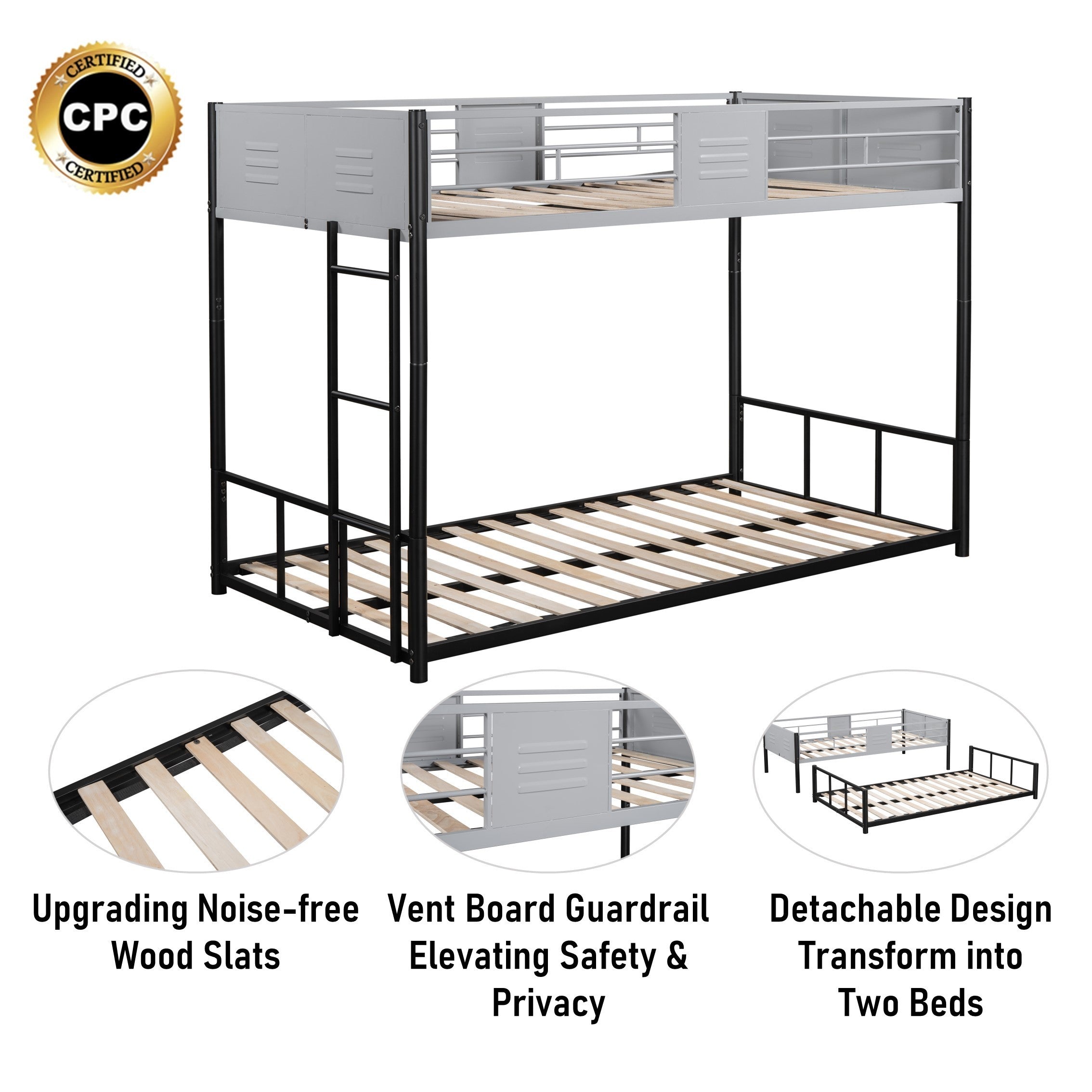 HAOYYE Metal Twin over Twin Bunk Bed with Vent Board/ Heavy-duty Sturdy Metal/ Noise Reduced/ Safety Guardrail/ CPC Certified Space-Saving Heavy Duty Modern Design Adults Dorm Room Easy Assembly