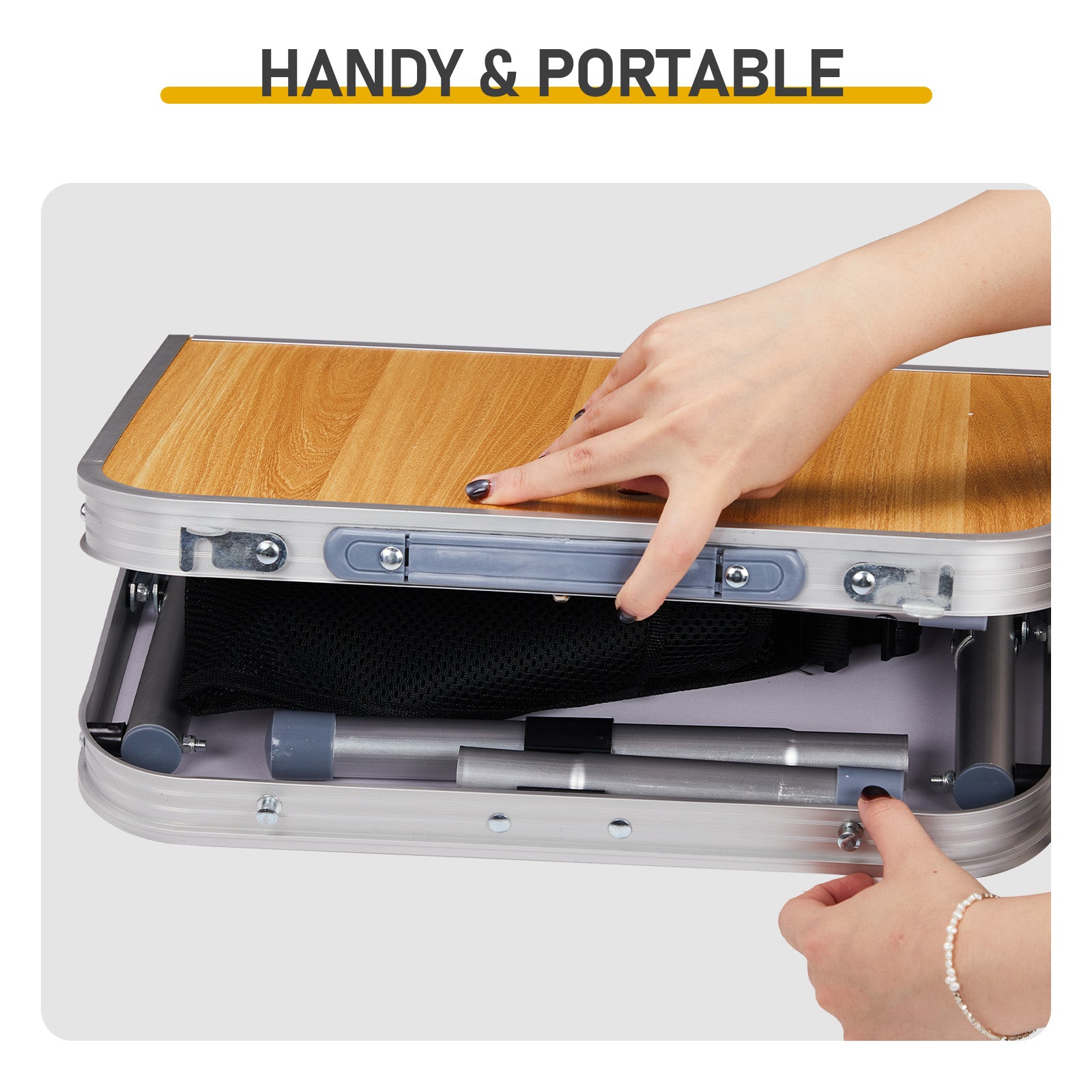 HAOYYE Wooden Pattern with 3 Adjustable Heights Outdoor Folding Camping Table, Portable Aluminum Foldable Patio Side Table, Lightweight and Durable Design with Carry Handle for Hiking, Picnic, BBQ, Beach, Indoor or Outdoor Use