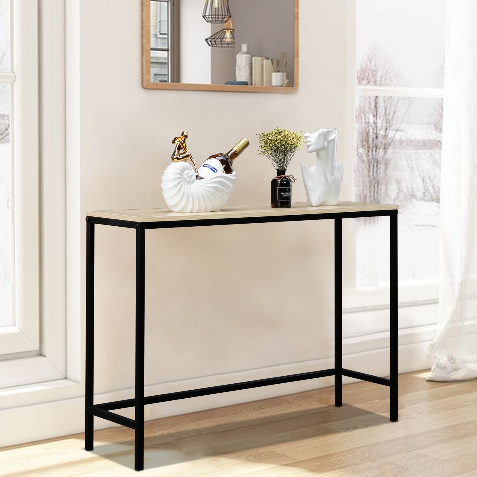 HAOYYE Light Walnut Console Sofa Table for Entryway and Living Room, Industrial Style Side Table with Sturdy Metal Frame and MDF Board, Slim Design for Hallway Bedroom Behind Couch Use