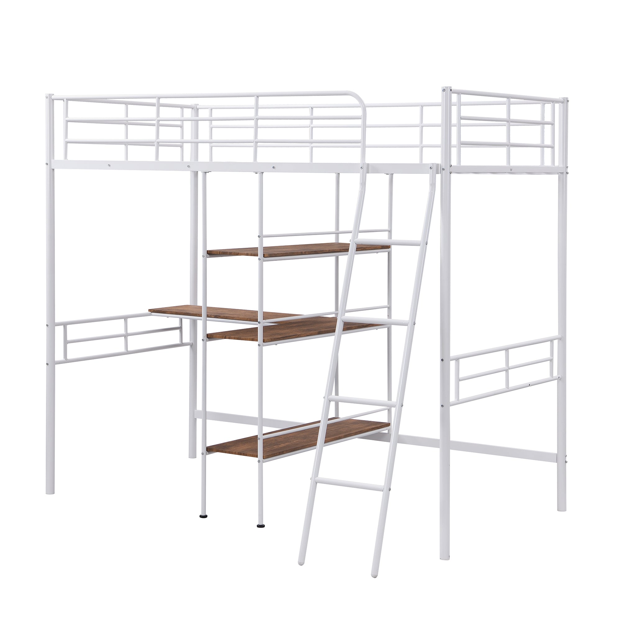 HAOYYE Twin Size Metal Loft Bed and Built-in Desk and Shelves,White Sturdy Space-Saving Heavy Duty Modern Design Adults Dorm Room Easy Assembly Bedroom Furniture