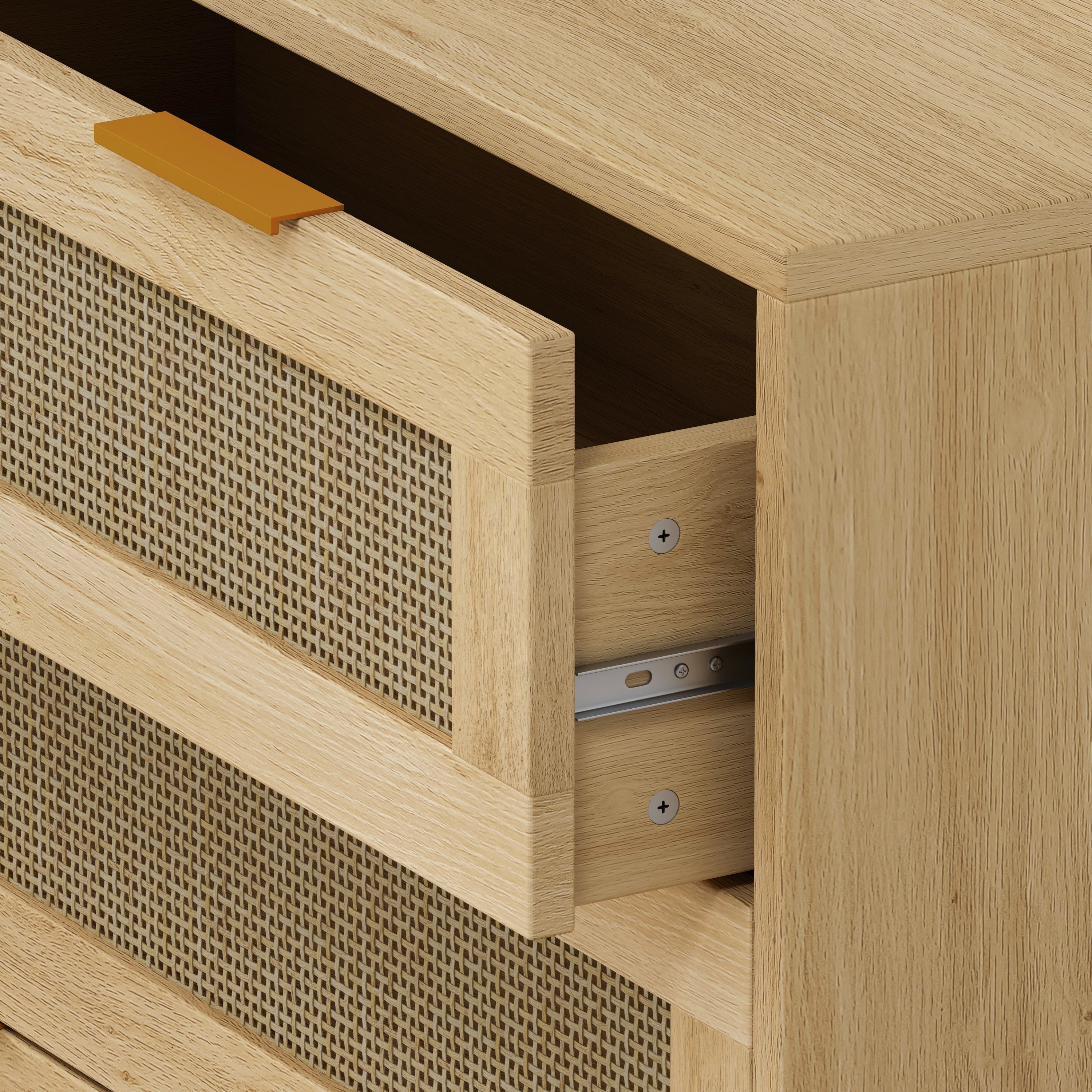 HAOYYE 31.50-Inch 3-Drawer Rattan Storage Cabinet for Bedroom, Living Room, Dining Room, and Hallways, Oak Finish, Sturdy Space-Saving Heavy Duty Modern Design, Easy Assembly for Adults and Dorm Rooms