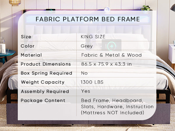HAOYYE King Bed Frame with Storage Headboard, Drawers, LED Lighting, and Built-in Charging Station, Modern Upholstered Platform Design, Sturdy Space-Saving Grey Construction, No Box Spring Needed, Easy Assembly