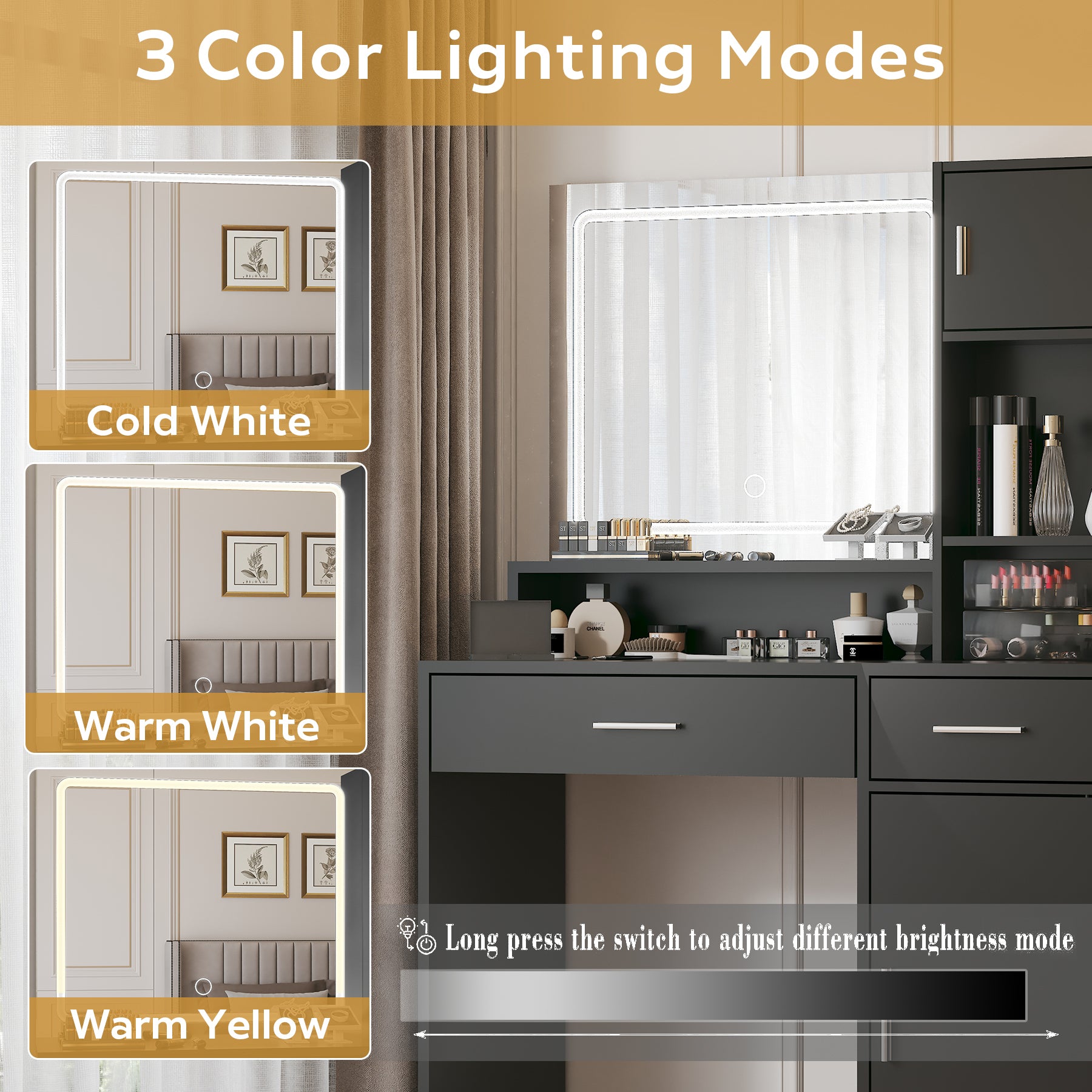 HAOYYE Vanity Desk with Mirror and LED Light Strip, Dressing Table with Large Drawer and Three-Level Storage, Black, Sturdy Space-Saving Design, Adjustable Brightness in Three Lighting Modes, Durable and Stylish Home Furniture
