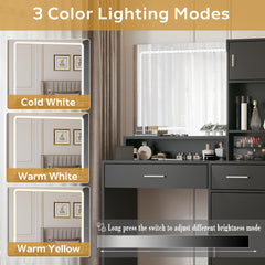 HAOYYE Vanity Desk with Mirror and LED Light Strip, Dressing Table with Large Drawer and Three-Level Storage, Black, Sturdy Space-Saving Design, Adjustable Brightness in Three Lighting Modes, Durable and Stylish Home Furniture