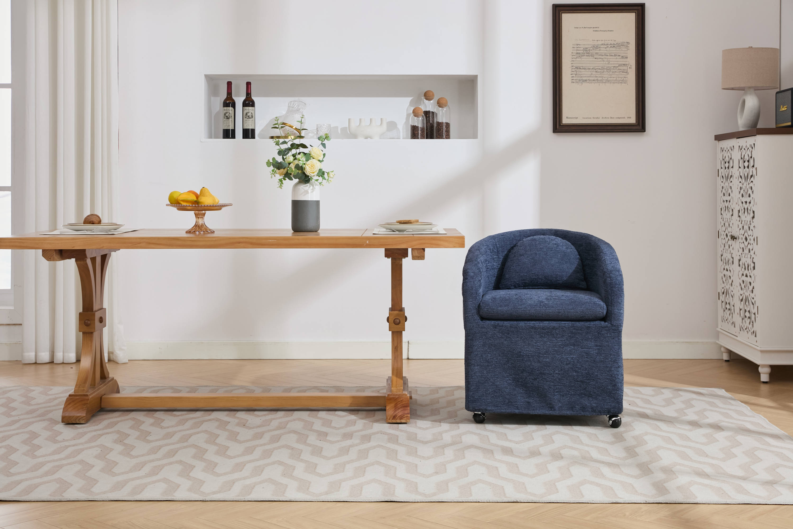 HAOYYE 059-Set of 1 Chenille Fabric Dining Armchair With Back Cushion and Universal Wheels,Blue Sturdy Space-Saving Heavy Duty Modern Design Adults Dorm Room Easy Assembly Bedroom Furniture