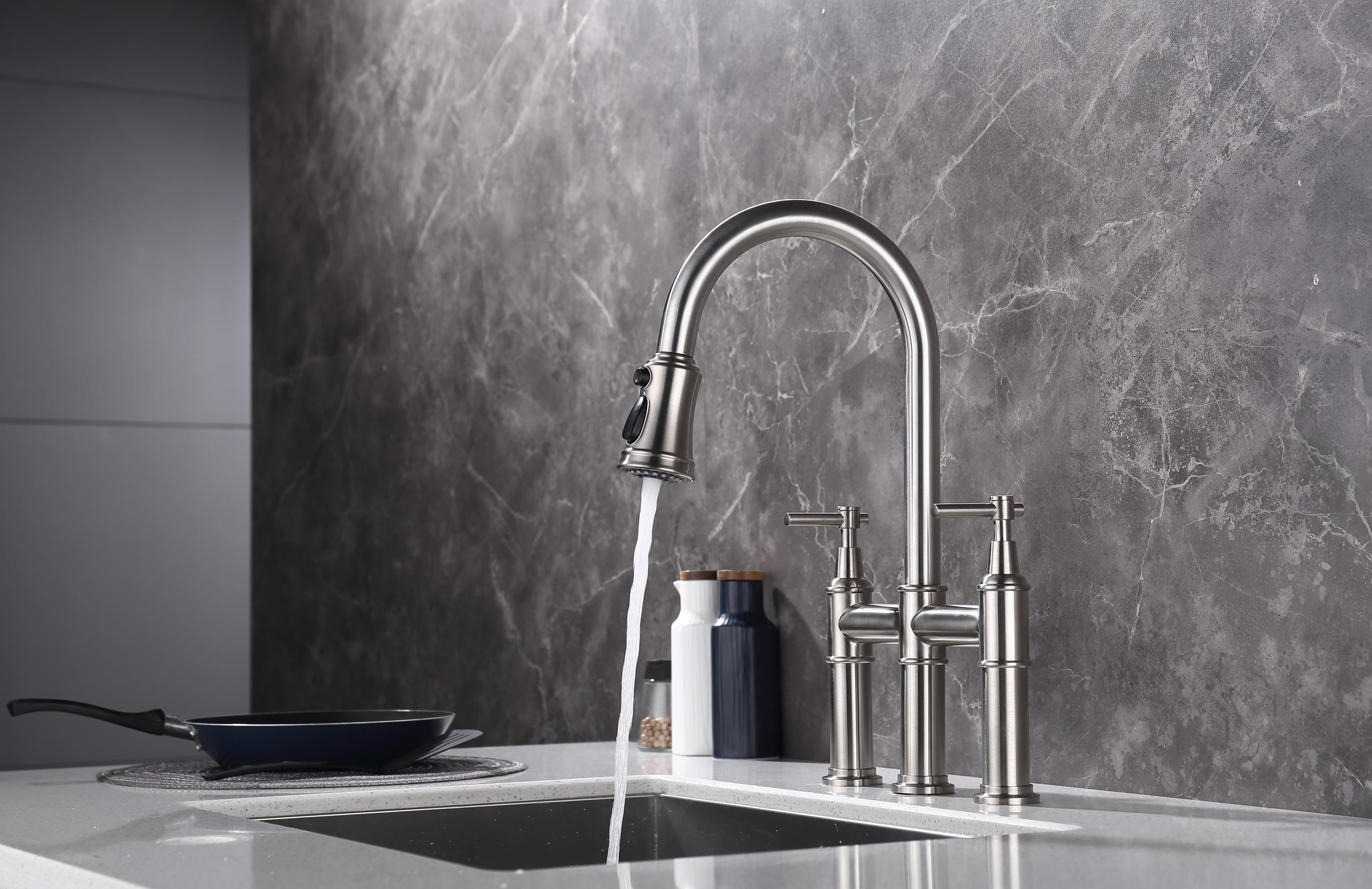 HAOYYE Bridge Kitchen Faucet with Pull-Down Sprayhead in Spot Sturdy Space-Saving Heavy Duty Modern Design Adults Dorm Room Easy Assembly Bedroom Furniture