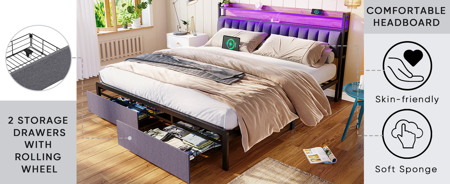 HAOYYE King Bed Frame with Storage Headboard, Drawers, LED Lighting, and Built-in Charging Station, Modern Upholstered Platform Design, Sturdy Space-Saving Grey Construction, No Box Spring Needed, Easy Assembly