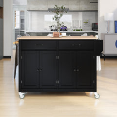 HAOYYE Kitchen Island Cart with Solid Wood Top, 4-Door Cabinet, Two Drawers, Spice Rack, and Towel Rack, Black Modern Kitchen Storage, Heavy Duty, Space-Saving Design, Mobile Island for Kitchen or Dining Room