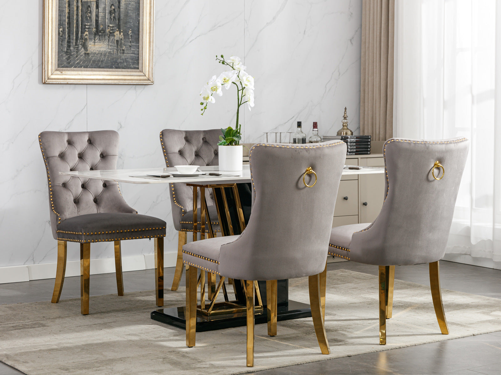 HAOYYE High-end Tufted Solid Wood Contemporary Velvet Upholstered Dining Chair with Golden Stainless Steel Plating Legs,Nailhead Trim,Set of 2,Gray and Gold, SW1601GY Sturdy Durable