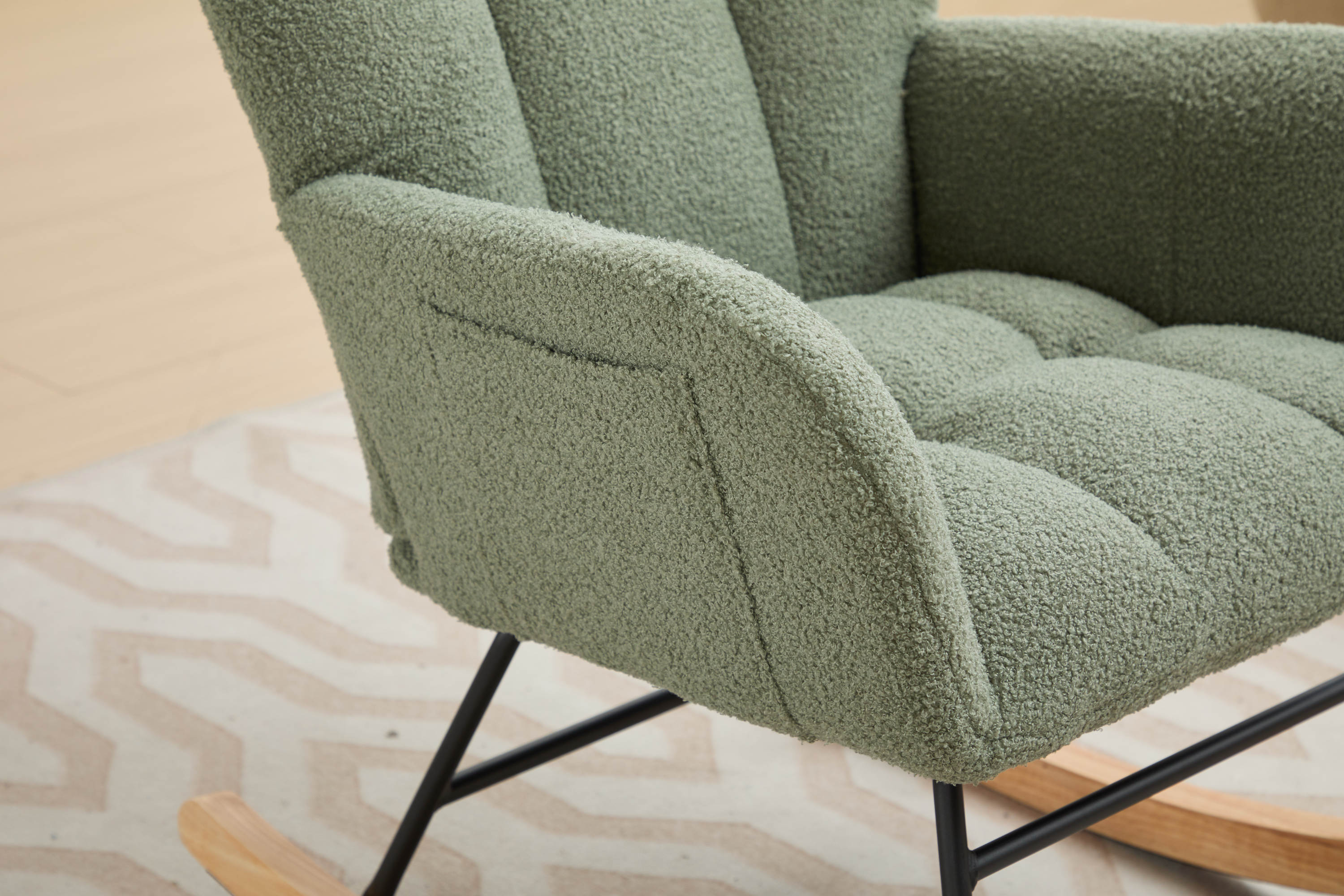 Haoyye Modern Upholstered Nursery Rocking Chair with High Backrest, Teddy Fabric Glider Accent Armchair with Solid Wood Legs and Metal Frame, Comfortable Rocker for Bedroom, Living Room or Lounge, Gentle Swing Chair in Green