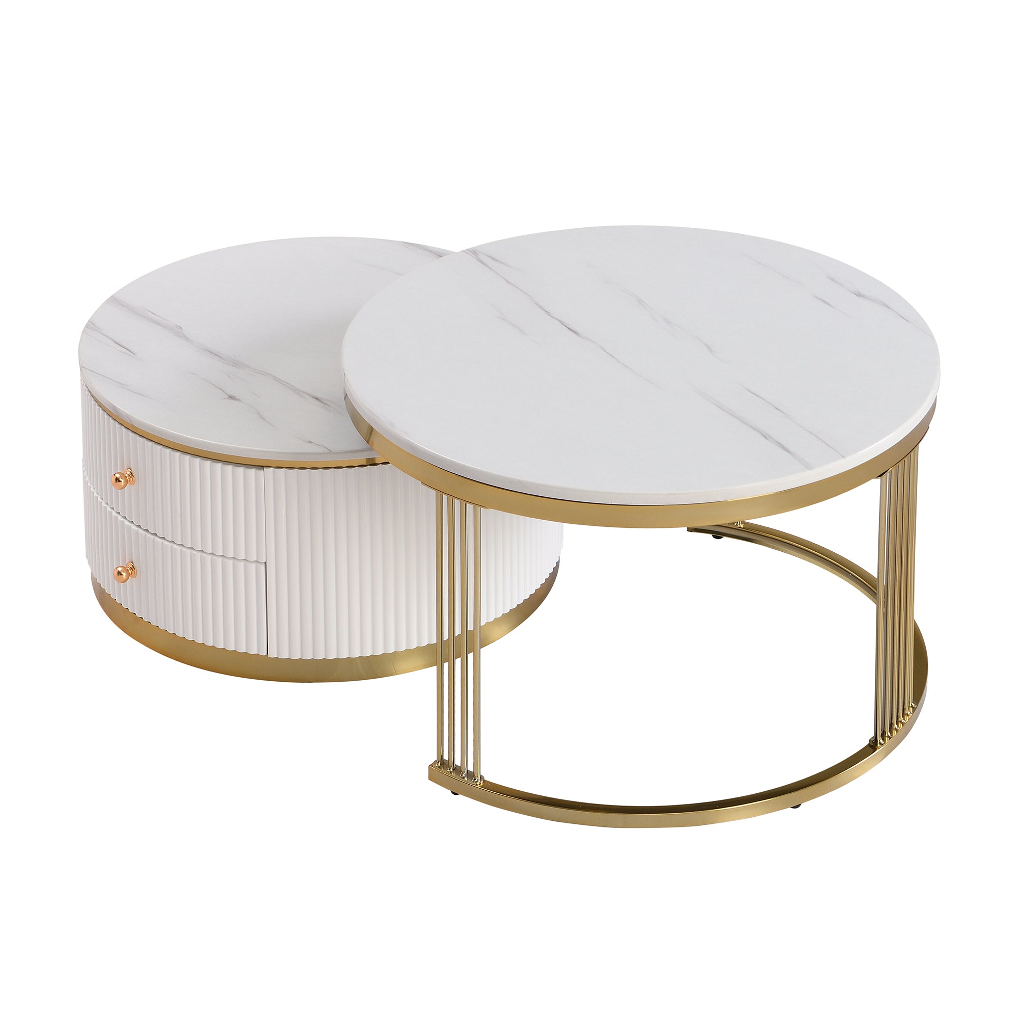 HAOYYE Modern 2-Piece White Round Nesting Coffee Table with Drawers, Sturdy and Space-Saving Design, Heavy Duty Construction, Ideal for Living Room, Bedroom, and Dorm Rooms, Easy Assembly for Adults