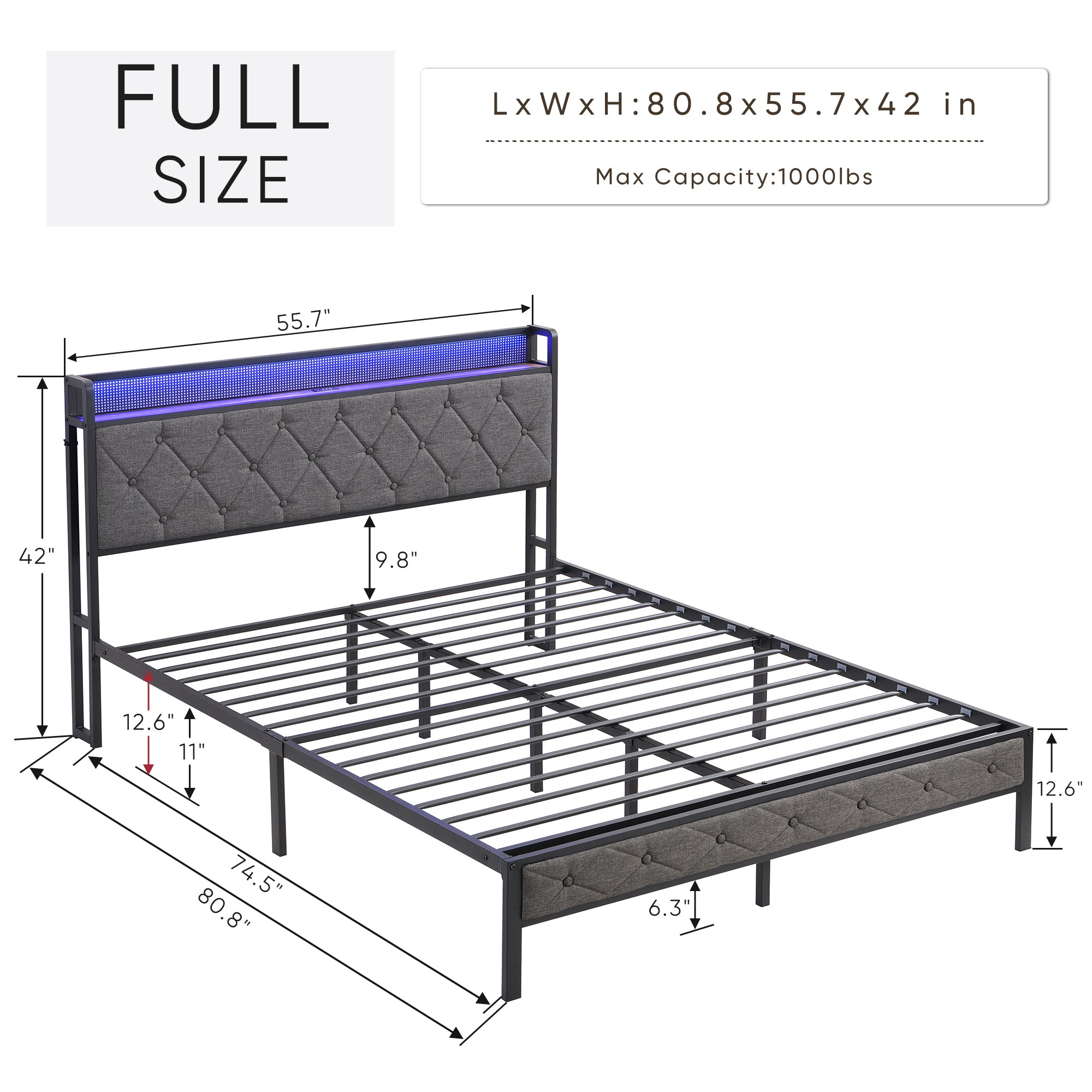 HAOYYE Full Bed Frame with Storage Headboard, Charging Station and LED Lights, Upholstered Platform Bed with Heavy Metal Slats, No Box Spring Needed, Noise Free, Easy Assembly, Dark Gray Sturdy Space-Saving