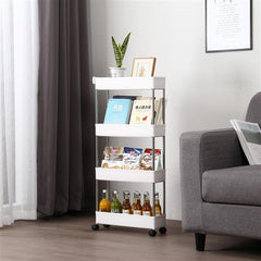 HAOYYE 4 Layer Ultra Thin Mobile Slim Storage Cart White Multi Functional Rolling Organizer with Wheels for Kitchen Bathroom Laundry Room Narrow Spaces Plastic and Stainless Steel Space Saving Design