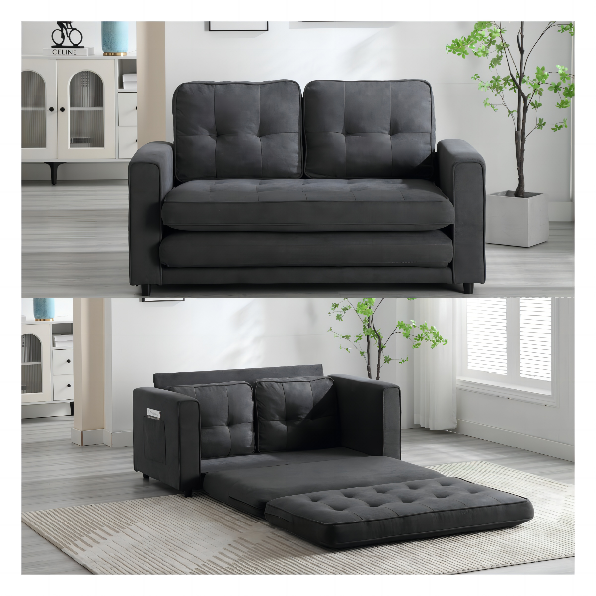 HAOYYE 3-Fold Convertible Futon Couch, Pull Out Sofa Bed, Space-Saving Loveseat Sleeper, Velvet Linen Fabric Upholstery, Heavy Duty Durable Sofa for Living Room, Modern Compact Design, Dark Gray, Light Gray, Beige