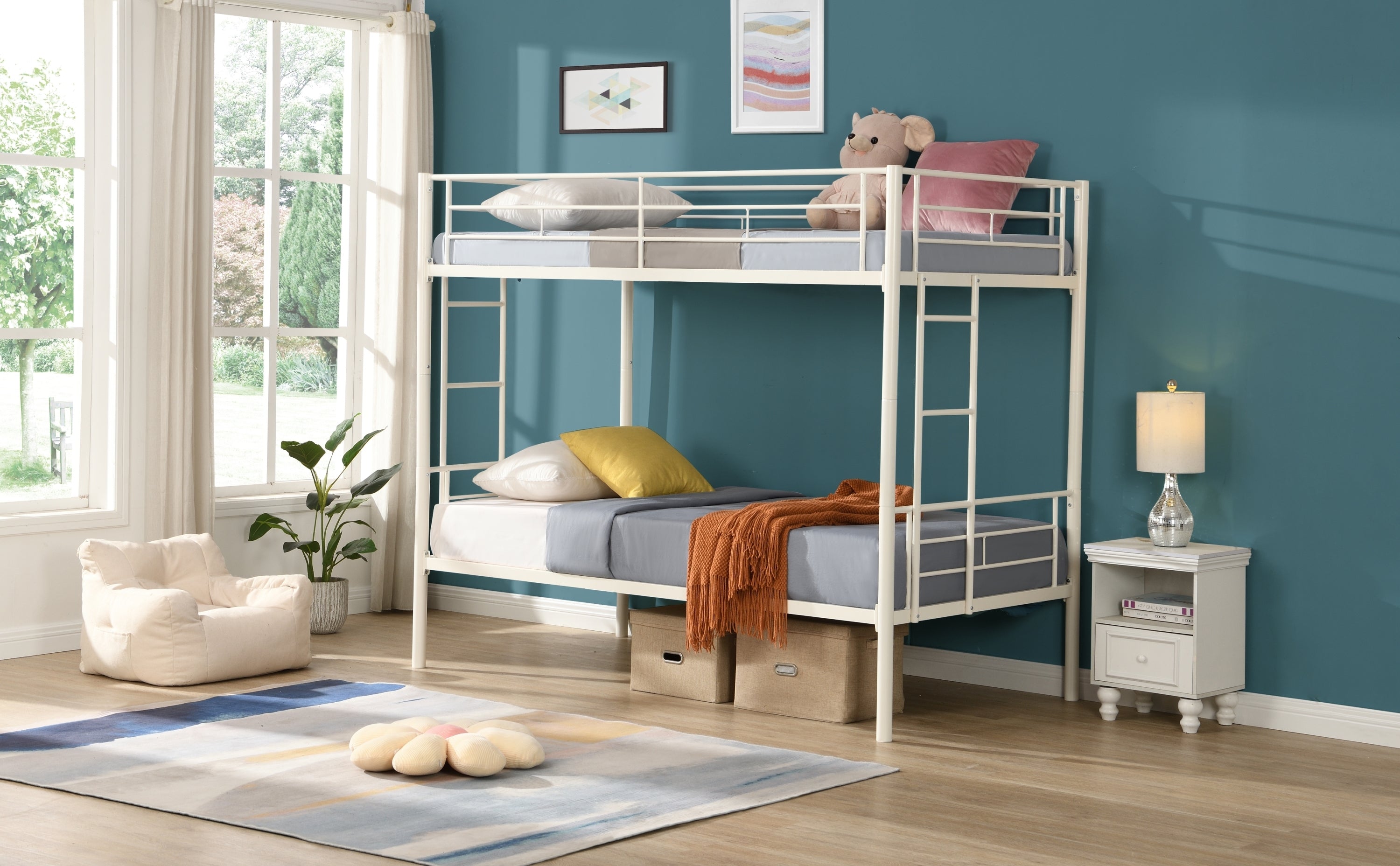 HAOYYE Twin Over Twin Metal Bunk Bed,Metal Structure Bedframe with Safety Guardrails and 2 ladders,Convertible Bunkbeds,No Spring Box Required and Space Saving Design,White Sturdy Space-Saving Heavy Duty