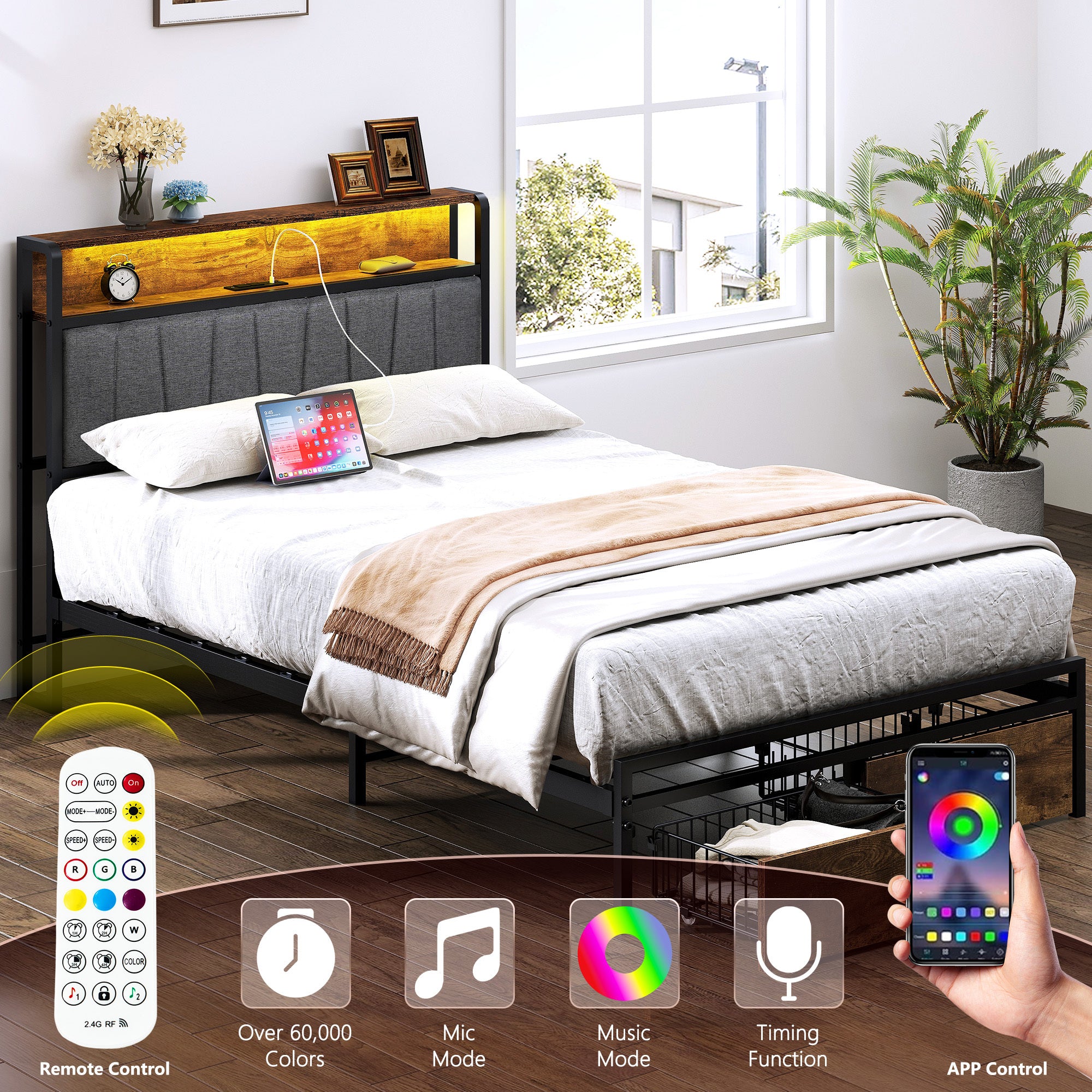 HAOYYE Twin Size Upholstered Platform Bed Frame with Storage Drawers, USB Ports, LED Lights, and Wingback Headboard, Rustic Brown, Sturdy Space-Saving Design, Heavy Duty Construction, Modern Stylish Home Furniture