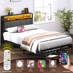 HAOYYE Twin Size Upholstered Platform Bed Frame with Storage Drawers, USB Ports, LED Lights, and Wingback Headboard, Rustic Brown, Sturdy Space-Saving Design, Heavy Duty Construction, Modern Stylish Home Furniture