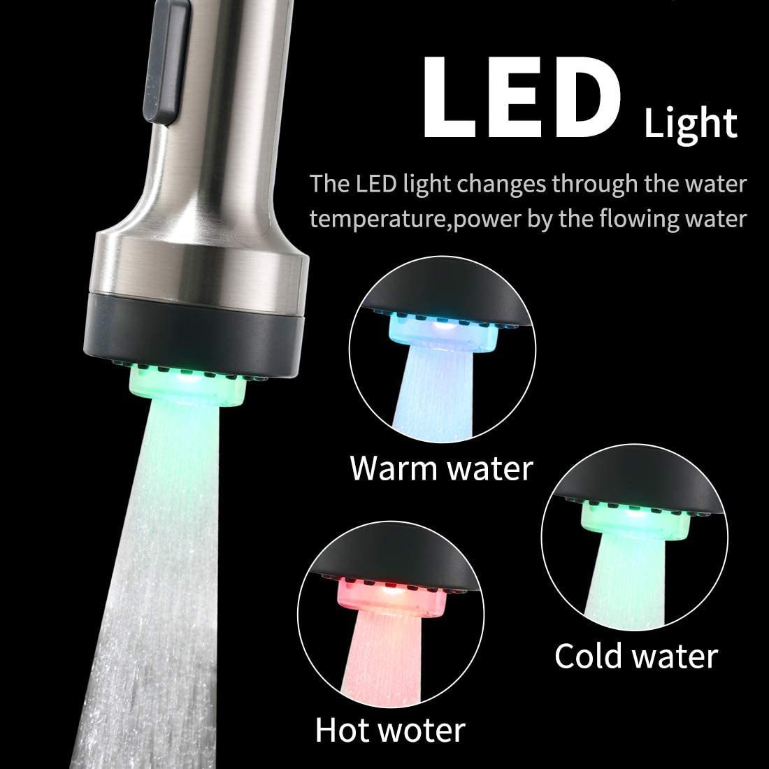 HAOYYE Commercial LED Kitchen Faucet with Pull Down Sprayer, Single Handle Single Lever Kitchen Sink Faucet Sturdy Space-Saving Heavy Duty Modern Design Adults Dorm Room Easy Assembly Bedroom Furniture