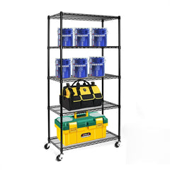 HAOYYE 5-Tier Heavy Duty Metal Storage Rack Adjustable Wire Shelving Unit with Wheels NSF-Certified Freestanding Steel Organizer Rolling Utility Shelf for Pantry Kitchen Garage Office Basement Laundry Room Black Space-Saving Design