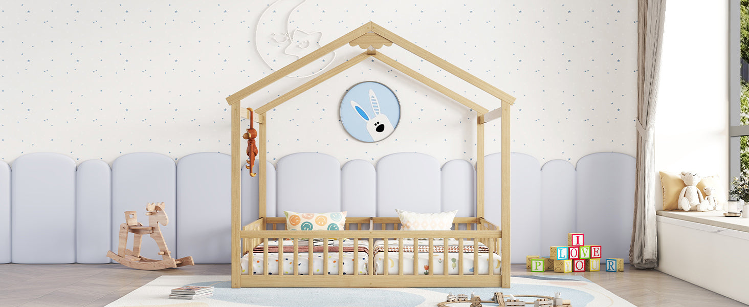 HAOYYE Double Twin House-Style Floor Bed with Fence, Guardrails, without door, Natural Sturdy Space-Saving Heavy Duty Modern Design Adults Dorm Room Easy Assembly Bedroom Furniture