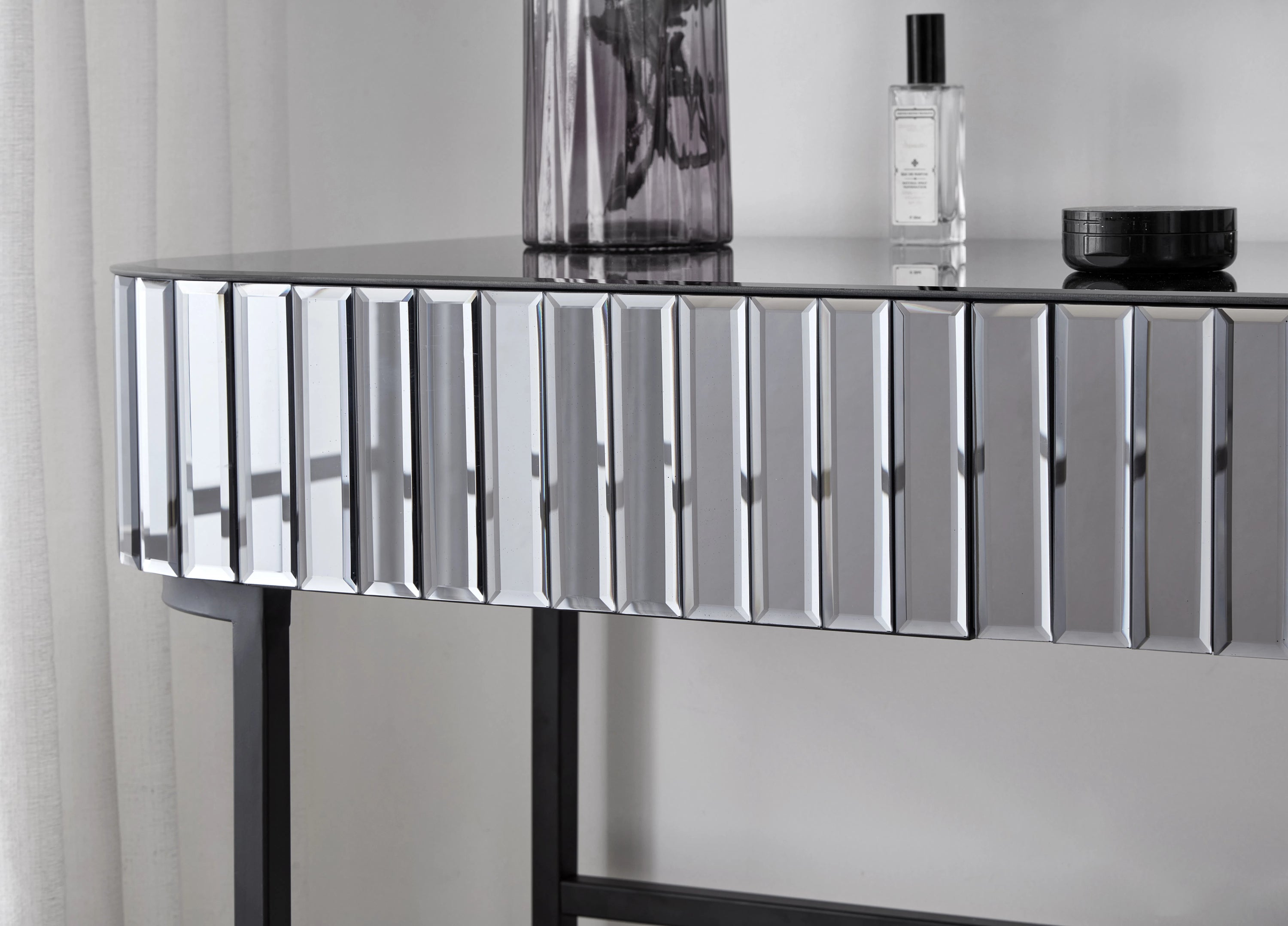 HAOYYE 39" Mirrored Makeup Vanity Table with Stainless Steel Base, Mirrored Console Dressing Table with 2 Drawers,Versatile Desk for Bedroom and Office, Gray