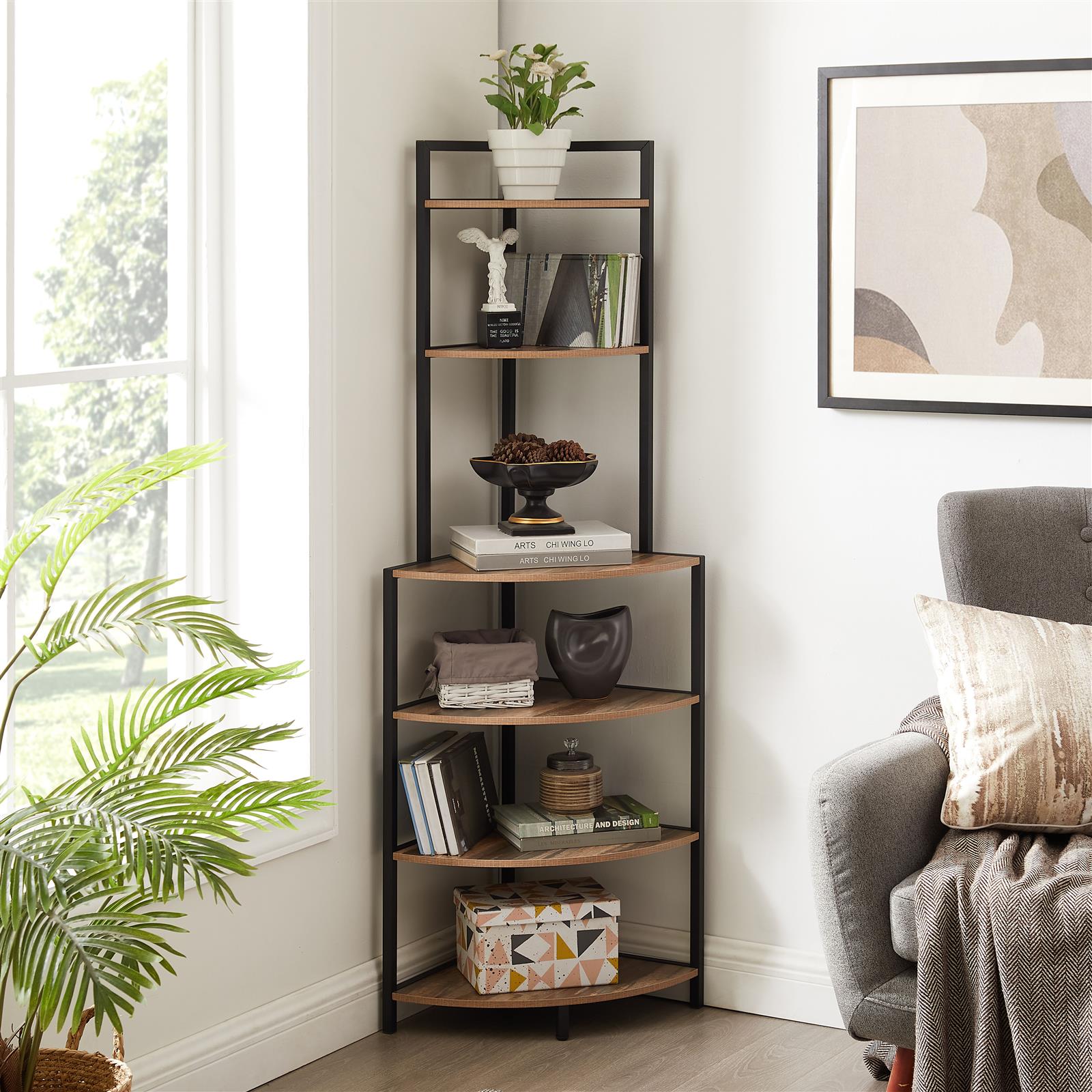 DE Direct HAOYYE 6-Tier Corner Shelf Modern Open Bookcase Wood Storage Rack Freestanding Display Stand for Plants Albums and Décor Space-Saving Bookshelf for Living Room Home Office Kitchen Rustic Brown