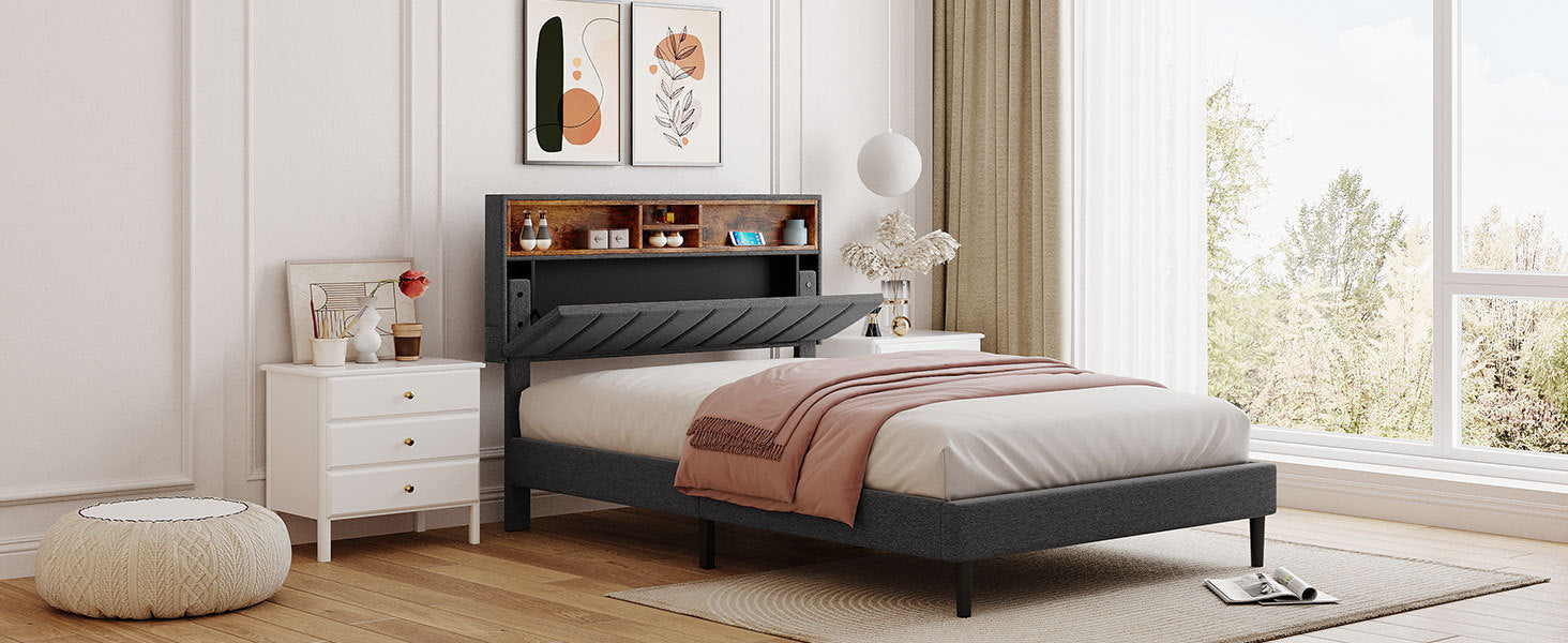 HAOYYE Full size Upholstered Platform Bed with Storage Headboard and USB Port, Linen Fabric Upholstered Bed (Gray) Sturdy Space-Saving Heavy Duty Modern Design Easy Assembly Durable Stylish Home Furniture