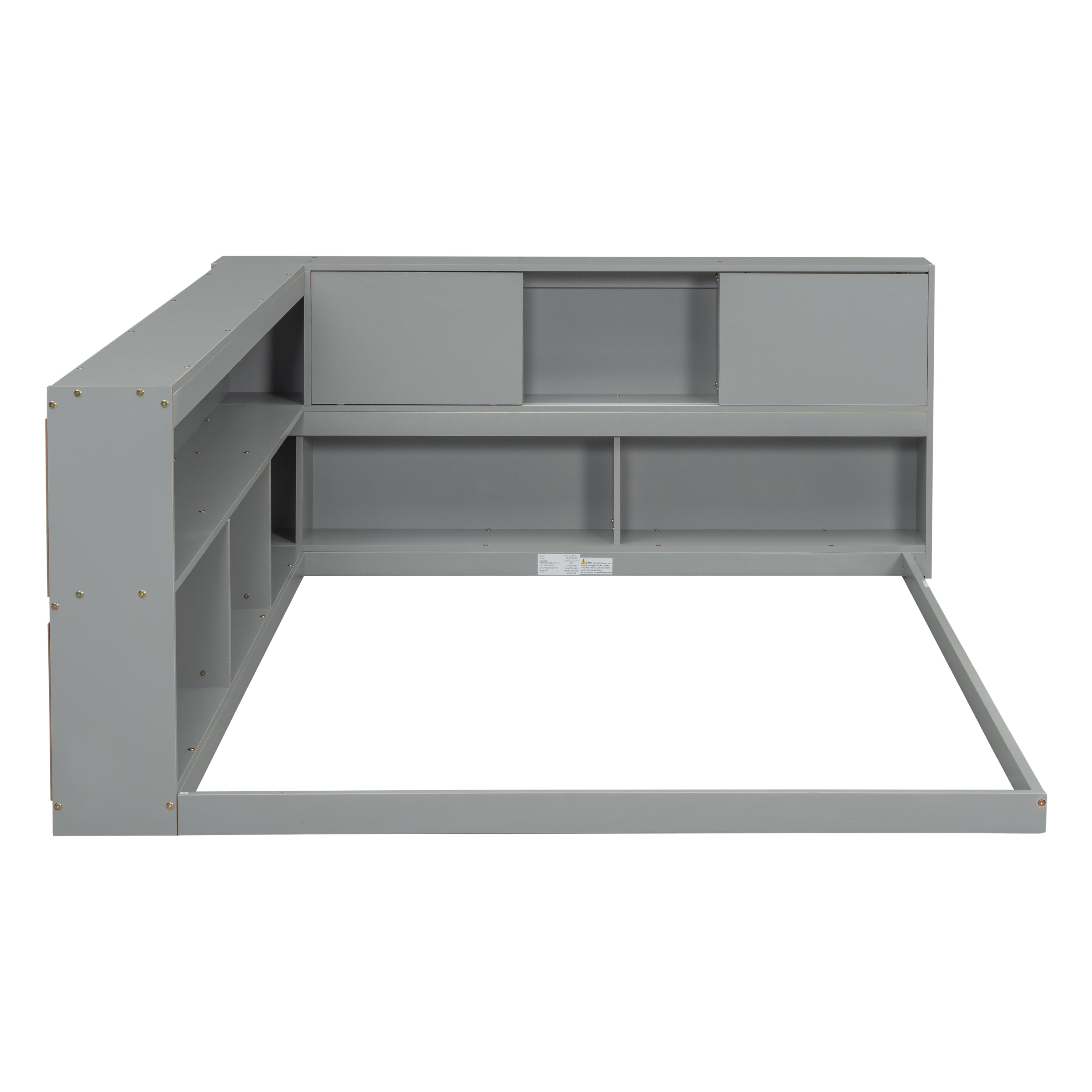 HAOYYE Full Floor Bed with L-shaped Bookcases, sliding doors,without slats,Grey Sturdy Space-Saving Heavy Duty Modern Design Easy Assembly Durable Stylish Home Furniture Versatile