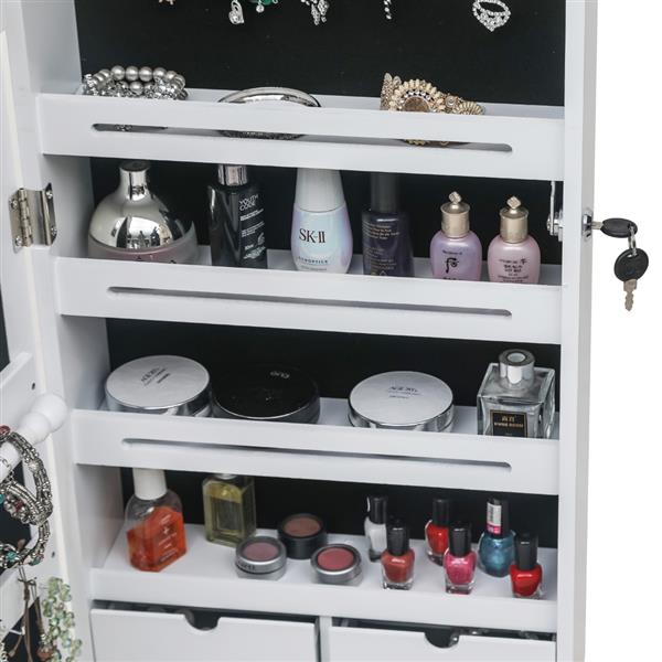 HAOYYE Wall Mounted Jewelry Cabinet with Mirror and Blue LED Lights, 4-Layer Storage Shelves and 6 Drawers, White Wooden Lockable Jewelry Organizer Armoire with Elegant Design