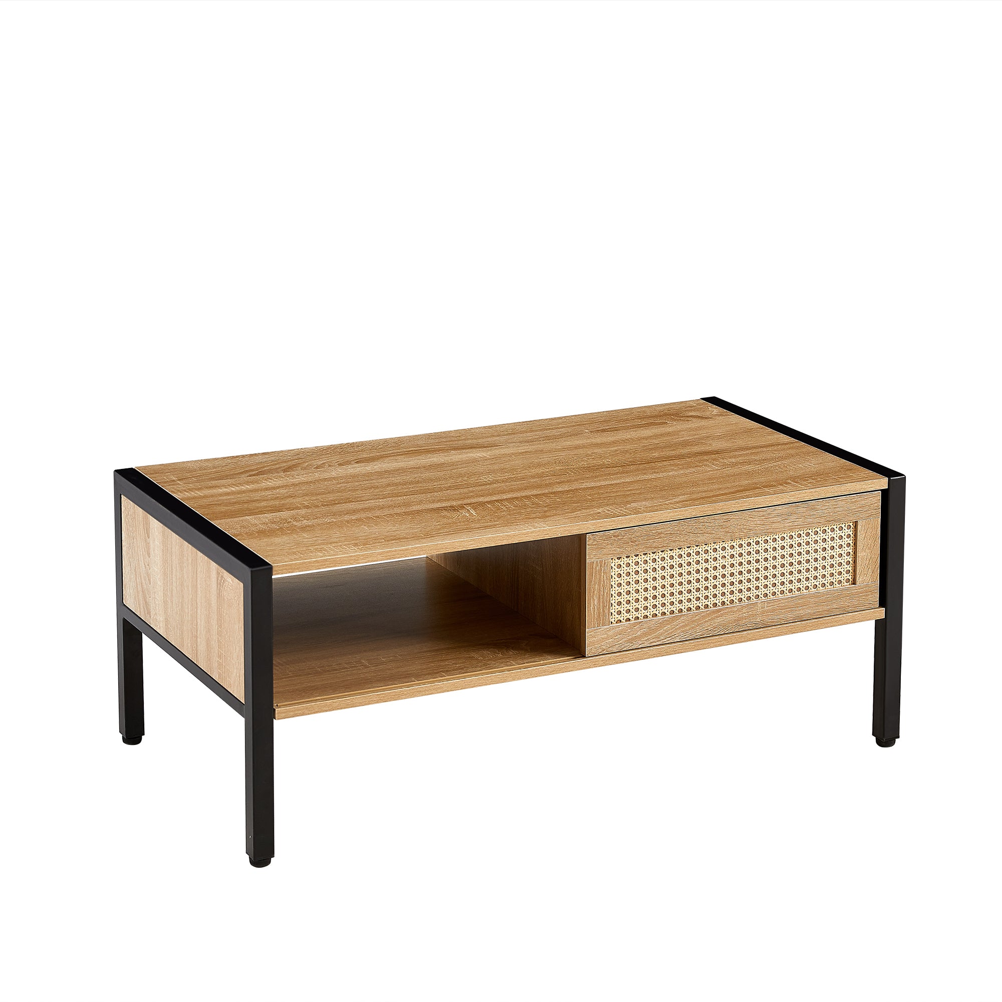 HAOYYE 40.16" Rattan Coffee table, sliding door for storage, metal legs, Modern table for living room , natural Sturdy Space-Saving Heavy Duty Modern Design Adults Dorm Room Easy Assembly