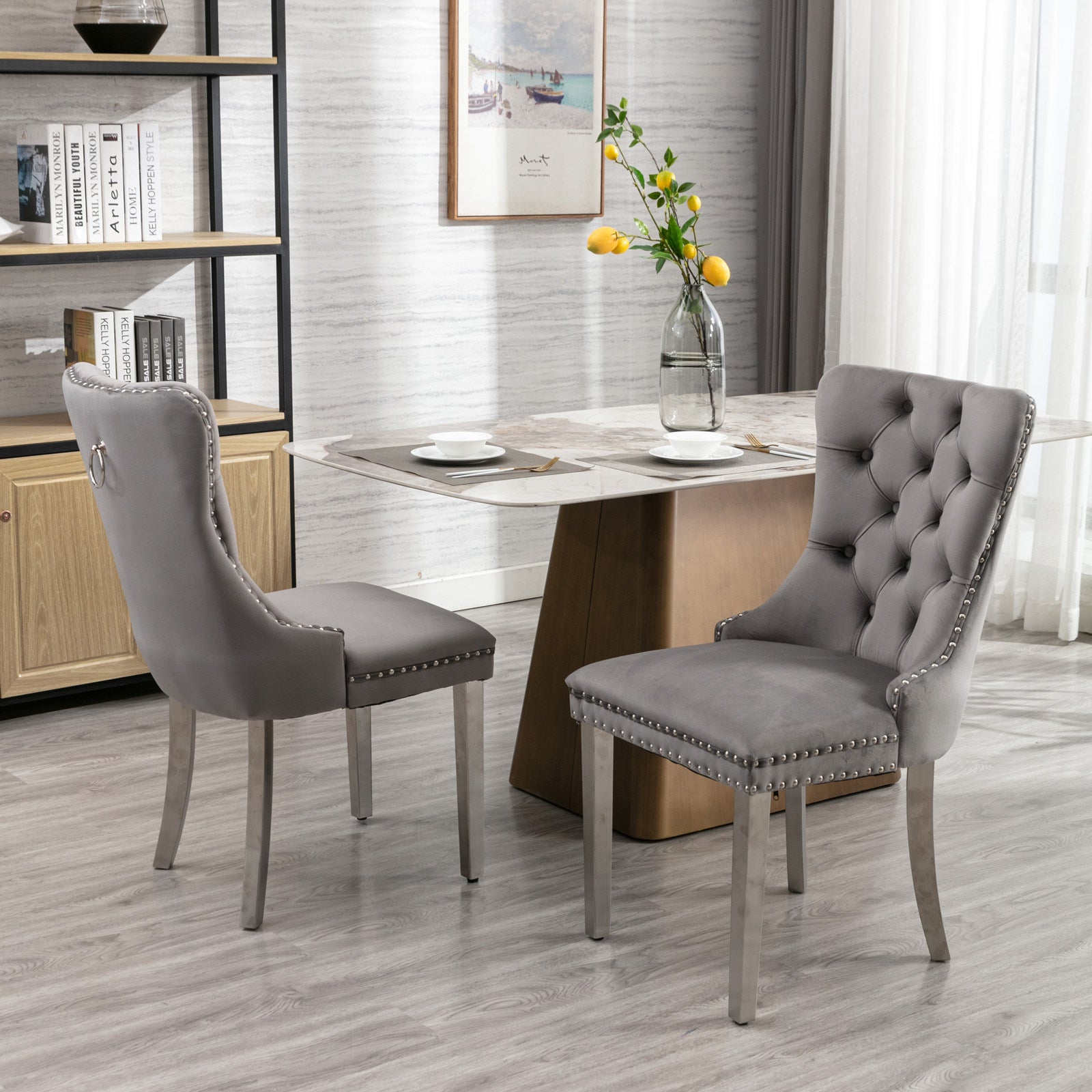 HAOYYE High-end Tufted Solid Wood Contemporary Velvet Upholstered Dining Chair with Chrome Stainless Steel Plating Legs,Nailhead Trim,Set of 2,Gray and Chrome, SW1701GY