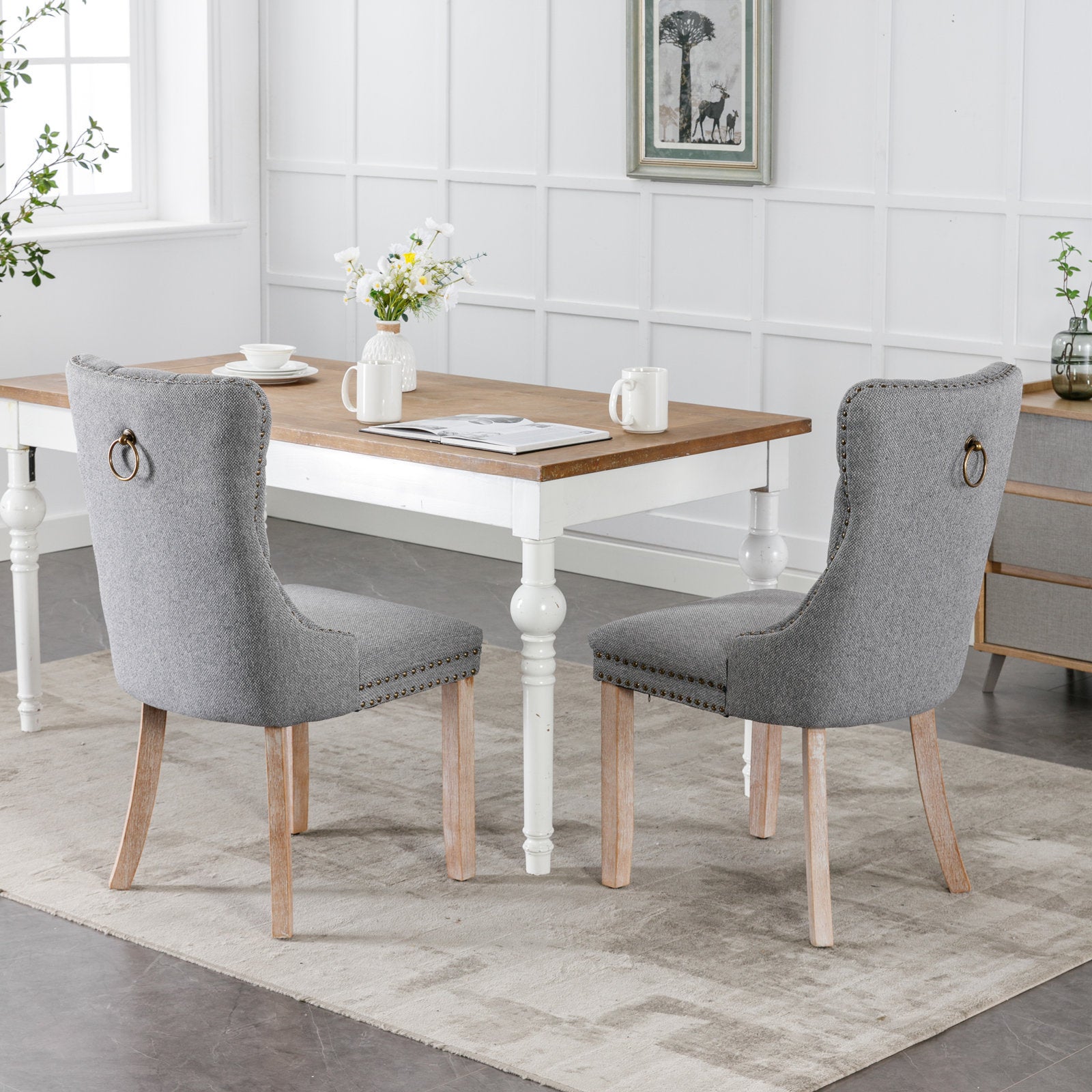 HAOYYE Nikki Collection Modern, High-end Tufted Solid Wood Contemporary Flax Upholstered Linen Dining Chair with Wood Legs Nailhead Trim 2-Pcs Set,Gray, SW6801GY Sturdy Space-Saving Heavy Duty Modern Design