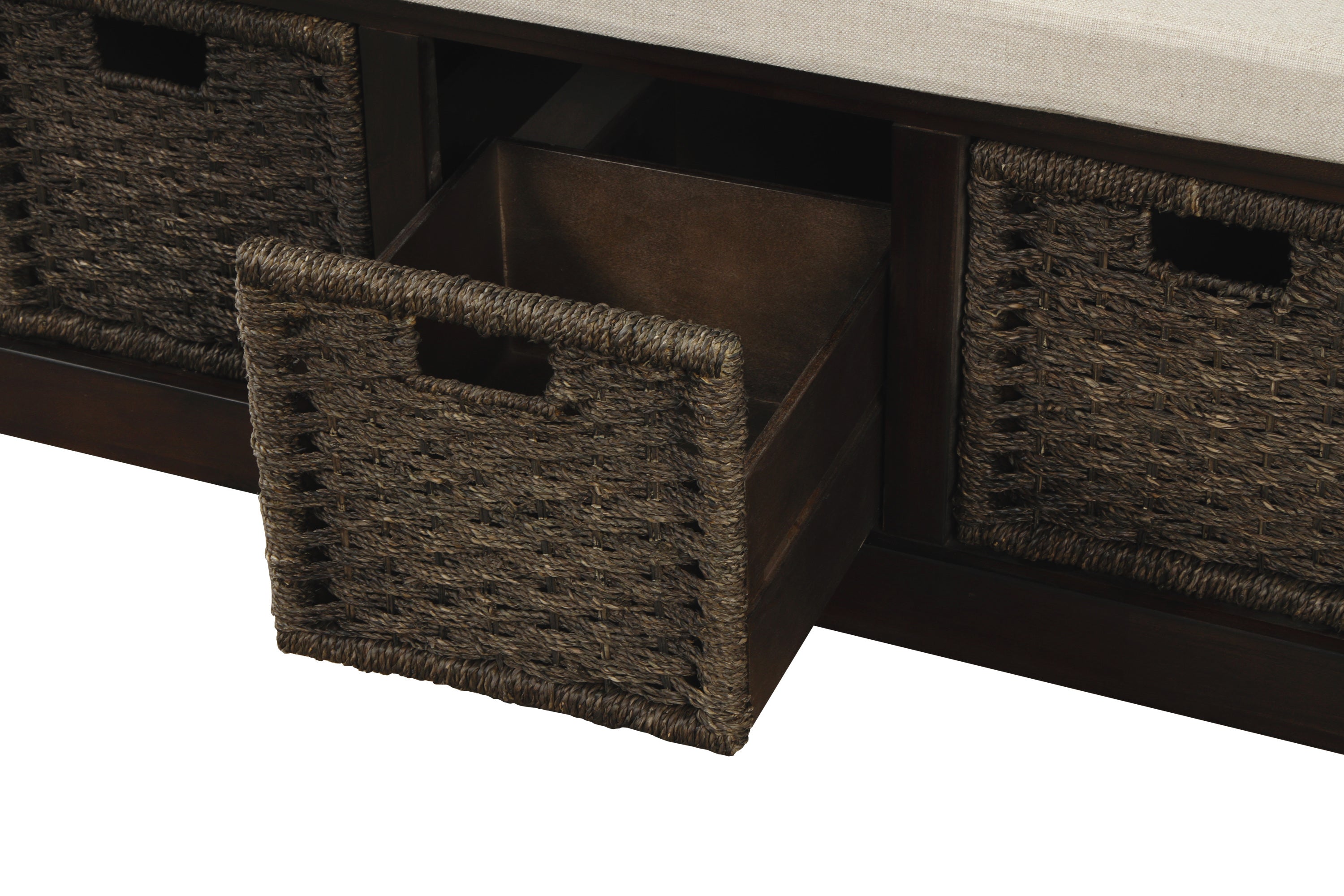 HAOYYE Rustic Storage Bench with 3 Removable Classic Rattan Basket , Entryway Bench with Removable Cushion (Espresso) Sturdy Space-Saving Heavy Duty Modern Design Easy Assembly Durable Stylish