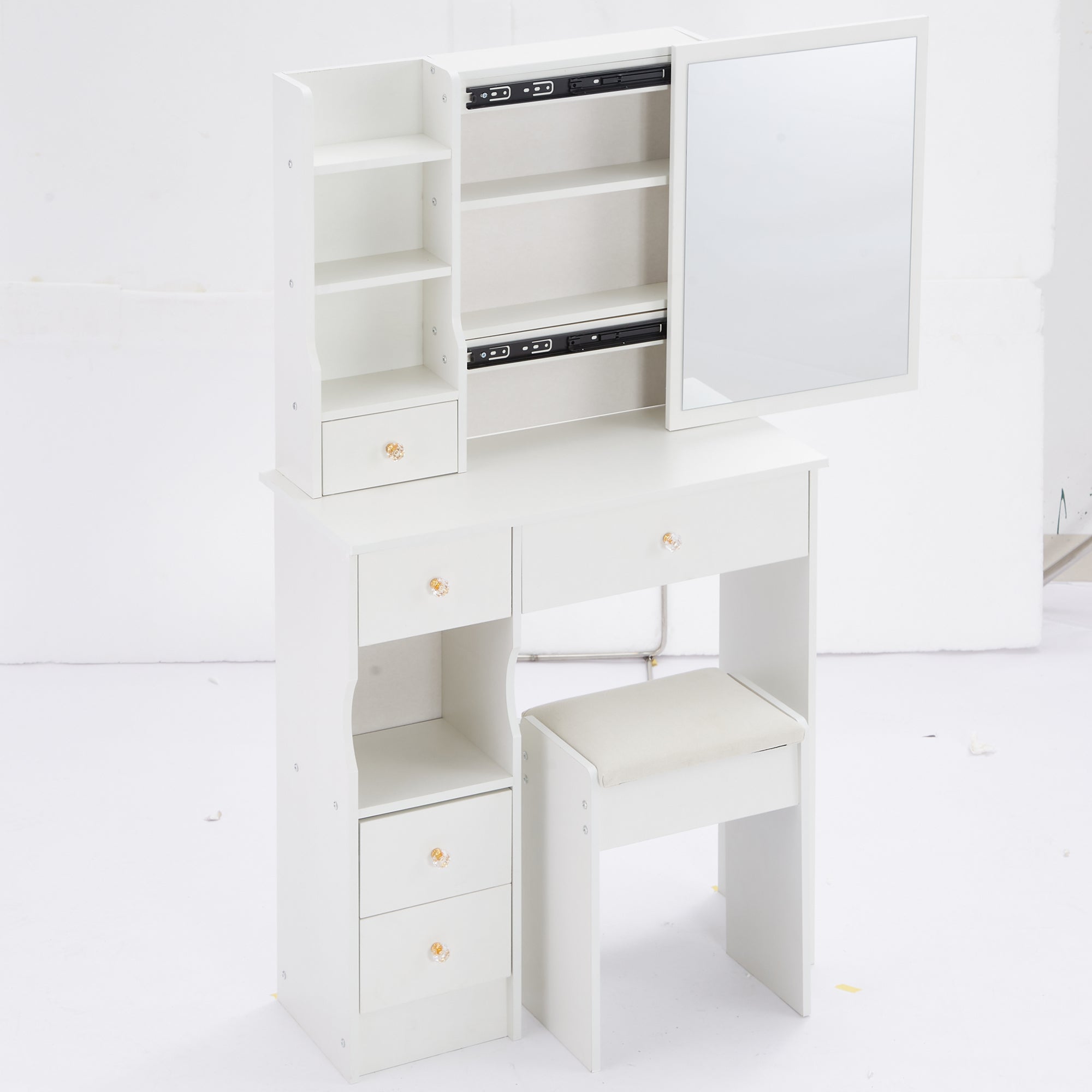 HAOYYE Small Size Left Drawer Desktop Vanity Table + Cushioned Stool, Extra Large Sliding Mirror, Multi Layer, High Capacity Storage Fashionable Dresser, Suitable for Small Space, EPA,GCC,UL Certificate