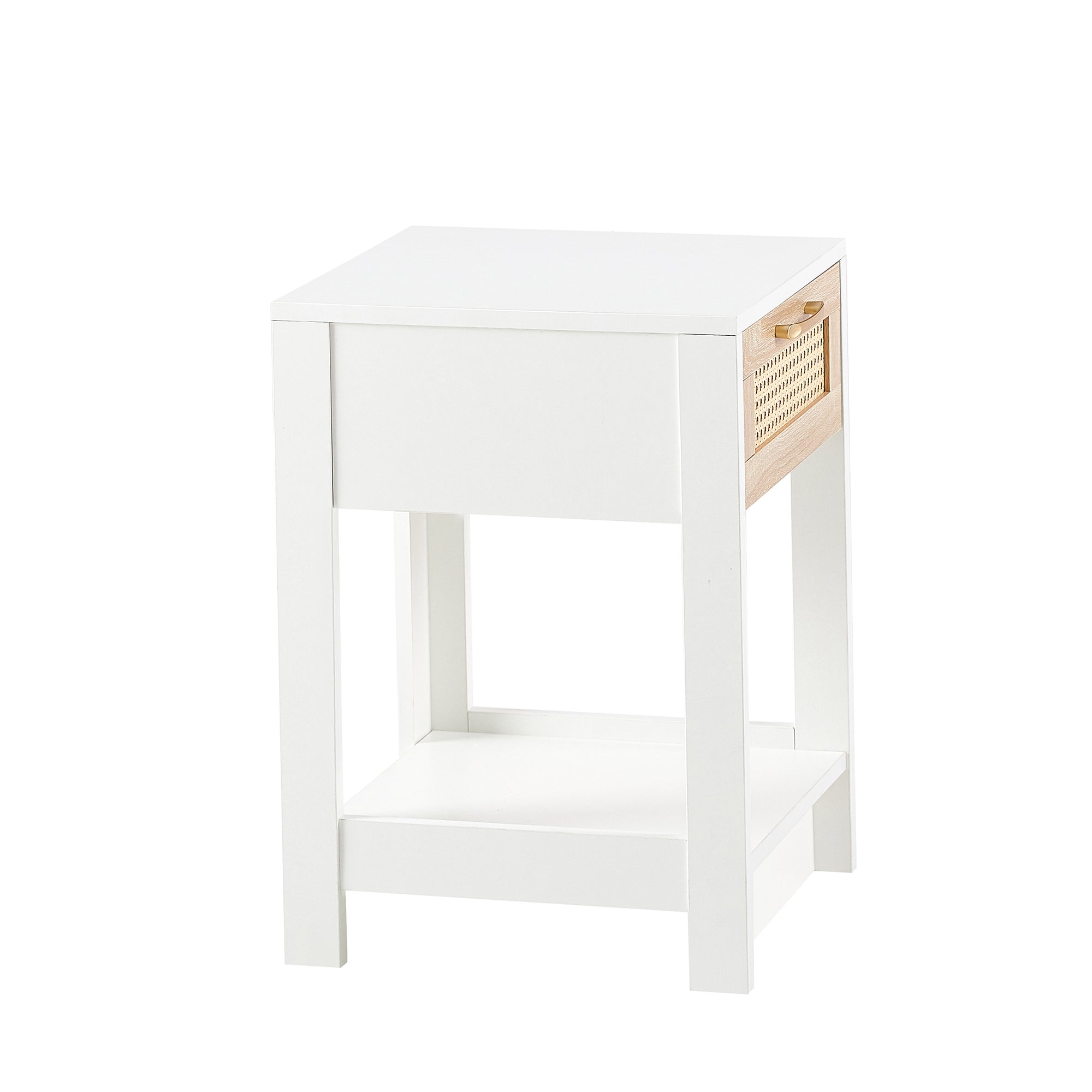 HAOYYE Rattan Side Table with Drawer, Modern White End Table, Sturdy Space-Saving Design, Heavy Duty Construction, Easy Assembly, Stylish and Durable Home Furniture for Living Room or Bedroom