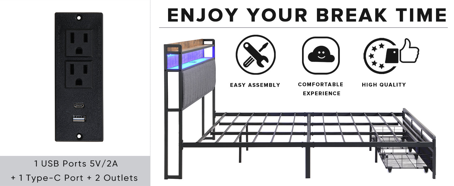 HAOYYE King Bed Frame with Storage Headboard, Drawers, LED Lighting, and Built-in Charging Station, Modern Upholstered Platform Design, Sturdy Space-Saving Grey Construction, No Box Spring Needed, Easy Assembly