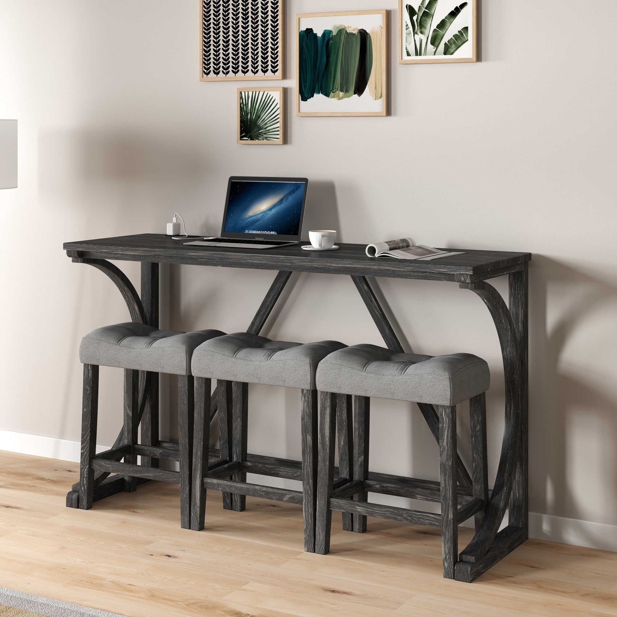 HAOYYE Bar Table Set with Power Outlet, Bar Table and Chairs Set, 4 Piece Dining Table Set, Industrial Breakfast Table Set, for Living Room, Dining Room, Game Room Sturdy Space-Saving Heavy Duty Adults
