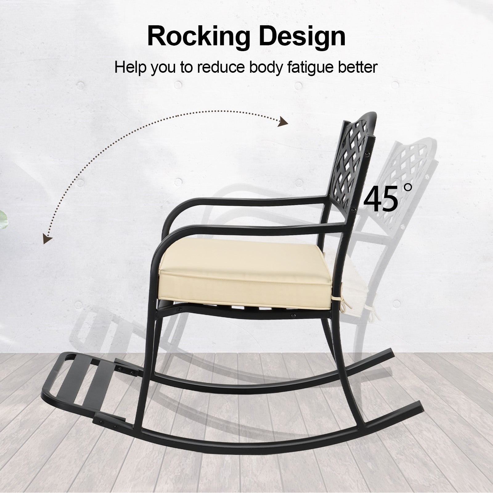 HAOYYE Metal Rocking Chair with Removable Cushion and Footrest, Weatherproof Outdoor Patio Rocker with Hole Backrest, Durable Cast Iron Construction for Garden, Porch, Yard Relaxation and Comfort