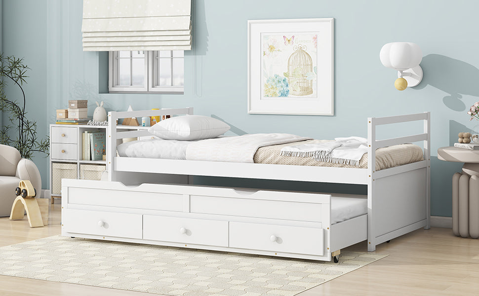 HAOYYE Twin Bed with Headboard, Footboard, Trundle and Storage Drawers, Pine Wood Twin Size Bed, White, Sturdy Space-Saving Heavy Duty Construction, Ideal for Adults and Dorm Rooms