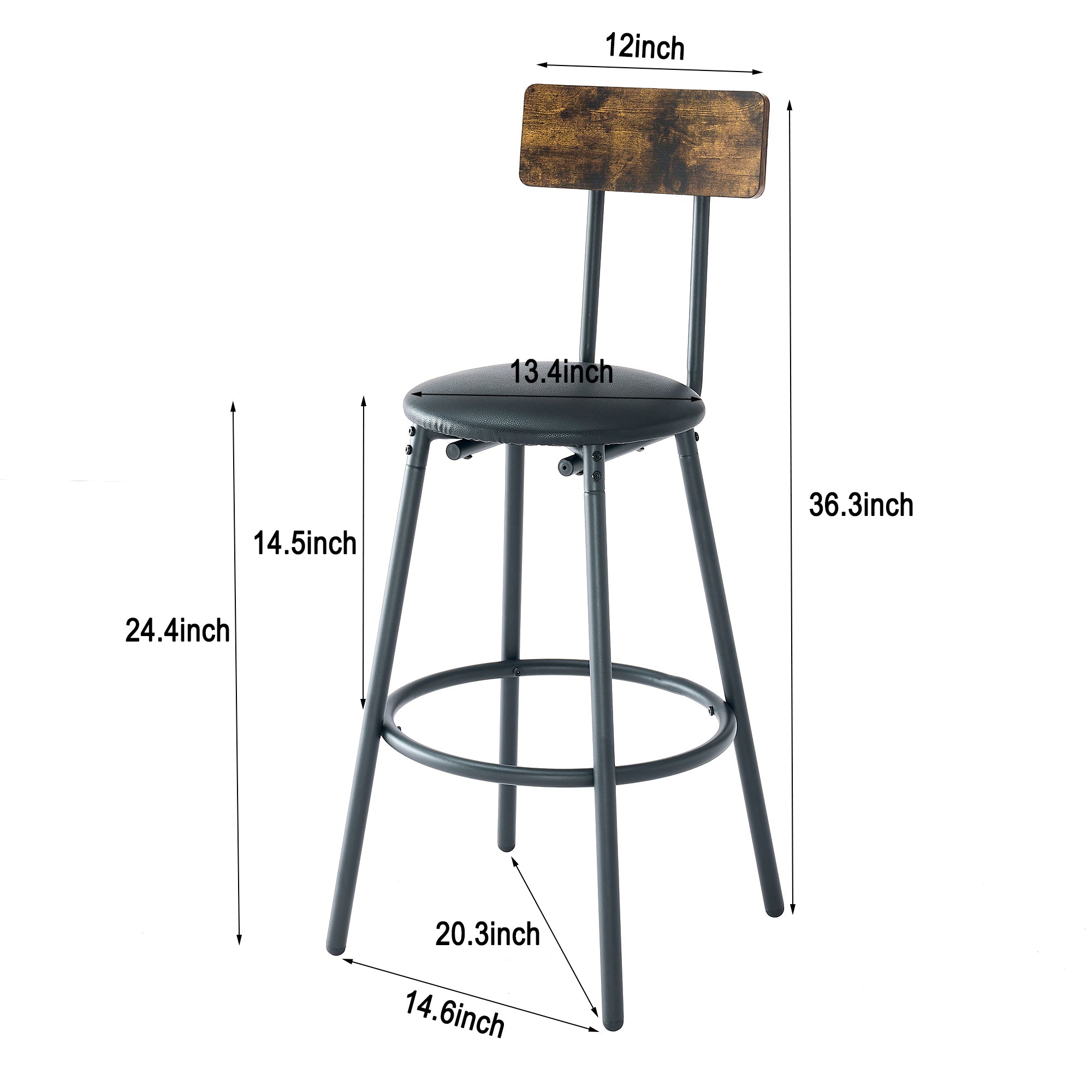 HAOYYE Round bar table and stool set with shelf, upholstered stool with backrest, Rustic Brown, 24.17"W x 24.17"D x 36.02"H Sturdy Space-Saving Heavy Duty Modern Design Adults Dorm Room Easy Assembly