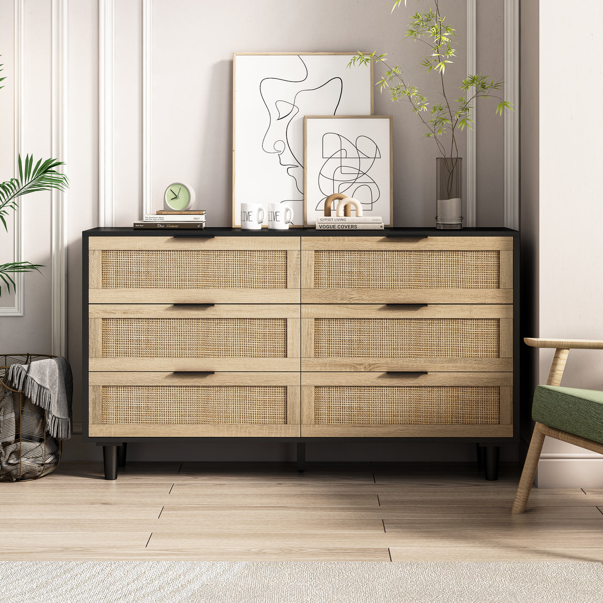 HAOYYE Black 6-Drawer Rattan Storage Cabinet, Modern Space-Saving Design for Bedroom and Living Room, Heavy Duty Construction, Easy Assembly
