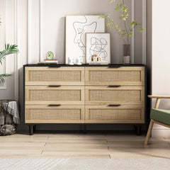 HAOYYE Black 6-Drawer Rattan Storage Cabinet, Modern Space-Saving Design for Bedroom and Living Room, Heavy Duty Construction, Easy Assembly