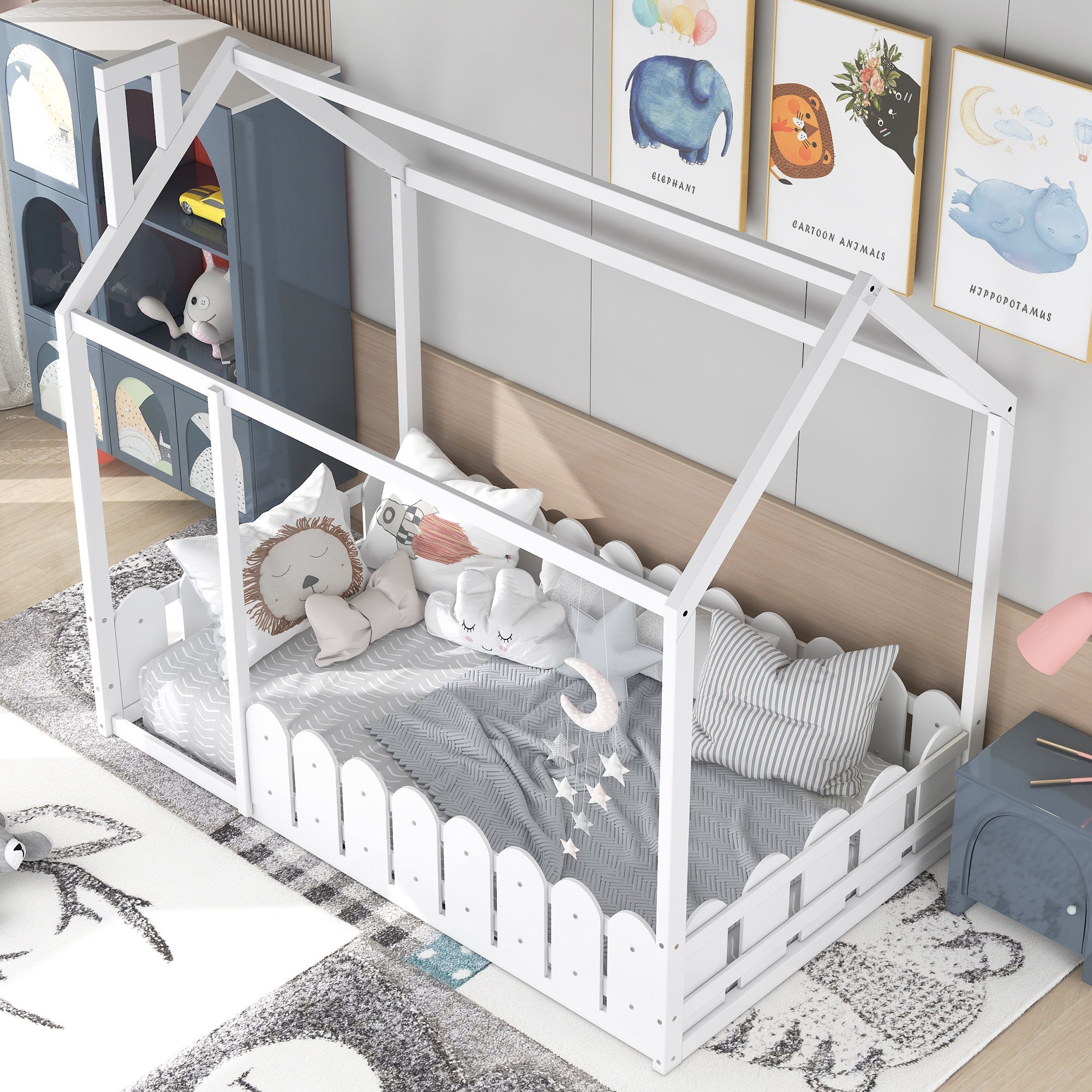 HAOYYE Twin Size Wood Bed House Bed Frame with Fence,for ,Teens, Girls,Boys {White}{OLD SKU:WF194274AAK} Sturdy Space-Saving Heavy Duty Modern Design Adults Dorm Room