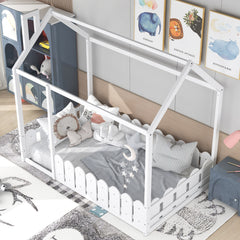 HAOYYE Twin Size Wood Bed House Bed Frame with Fence,for ,Teens, Girls,Boys {White}{OLD SKU:WF194274AAK} Sturdy Space-Saving Heavy Duty Modern Design Adults Dorm Room