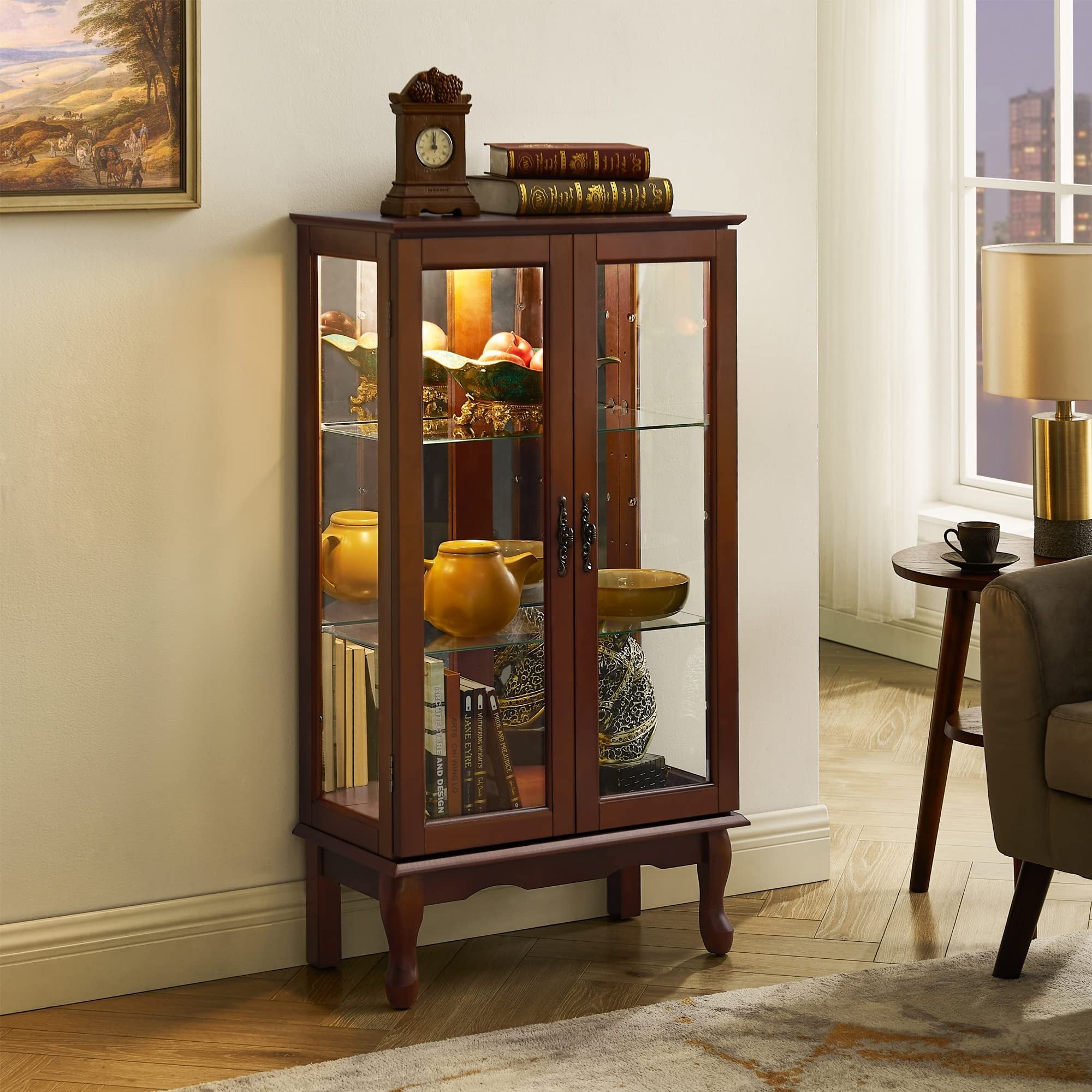 HAOYYE Lighted Curio Cabinet With Adjustable Shelves, Mirrored Back Panel, Tempered Glass Doors, Walnut Finish, 3 Tier Sturdy Space-Saving Heavy Duty Display Case For Living Room, Dining Room, Office