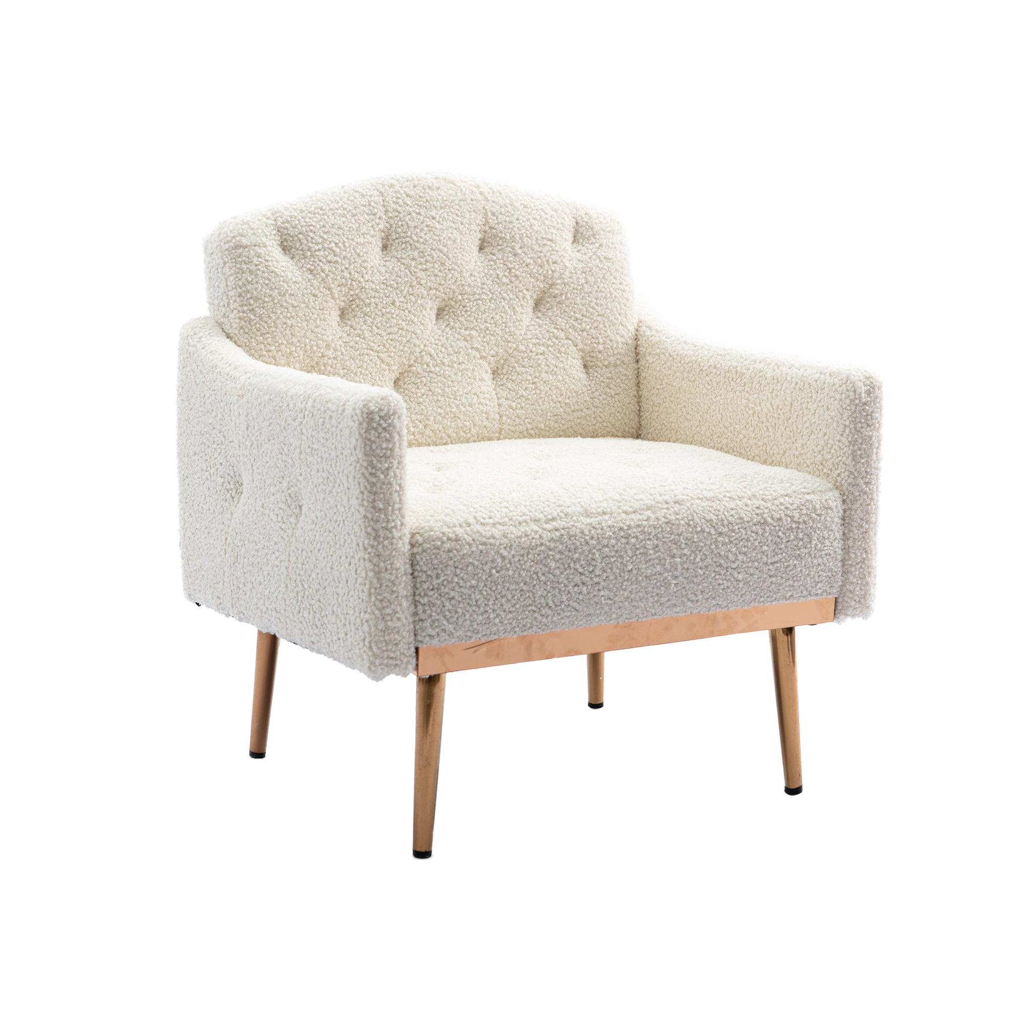HAOYYE Modern Accent Chair with Arms, Tufted Decorative Fabric Armchair with Gold Metal Legs, Upholstered Reading Chair for Living Room Bedroom Office (White Teddy) Sturdy Space-Saving Heavy Duty