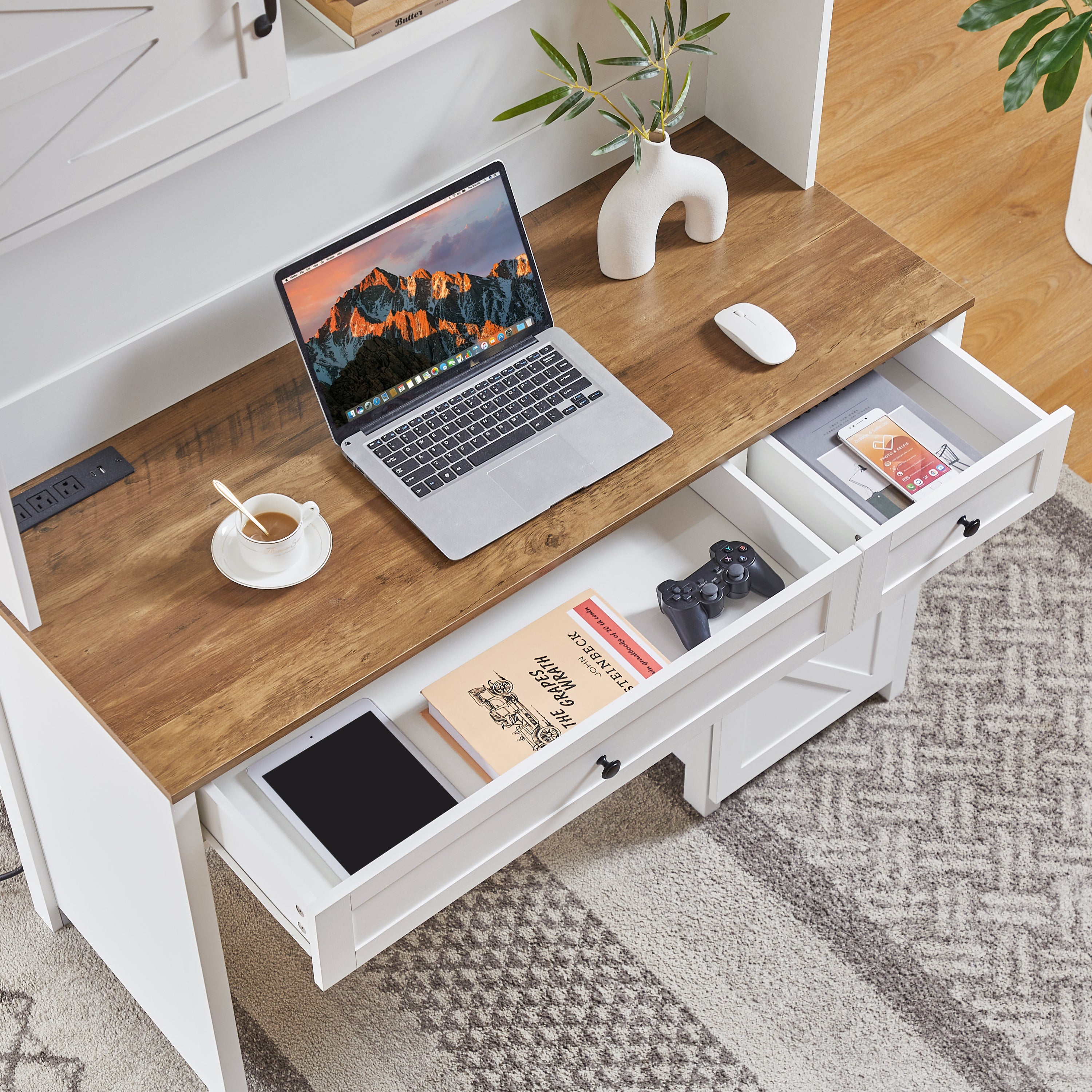 HAOYYE Farmhouse Executive Desk With Drawers, Rustic Home Office Desk With Charging Station, File Drawer, Storage Cabinet, Sturdy Space-Saving Heavy Duty Computer Writing Desk (Antique White)