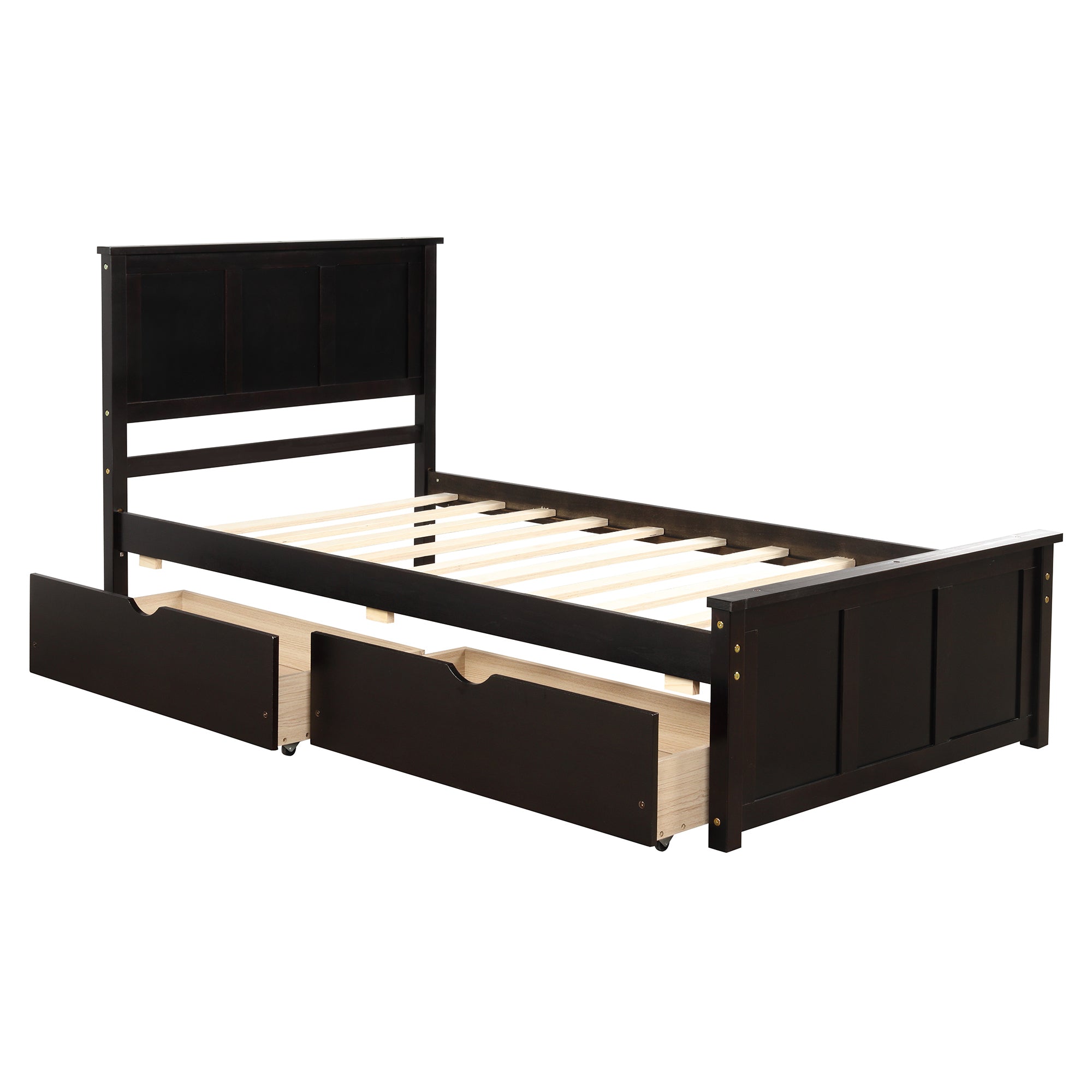 HAOYYE Platform Storage Bed, Twin Size Frame with Two Drawers on Wheels, Espresso, Sturdy Space-Saving Design, Heavy Duty Construction, Easy Assembly, Durable and Stylish Home Furniture