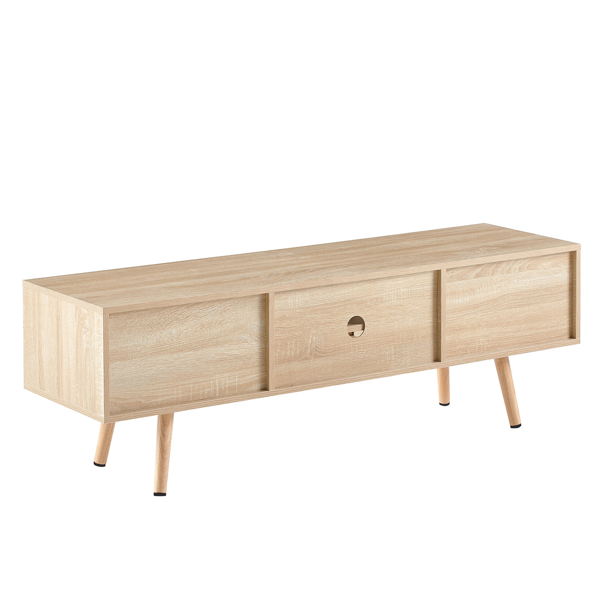 HAOYYE 55.12" Rattan TV cabinet, double sliding doors for storage, adjustable shelf, solid wood legs, TV console for living room ,natural Sturdy Space-Saving Heavy Duty Modern Design Adults Dorm Room