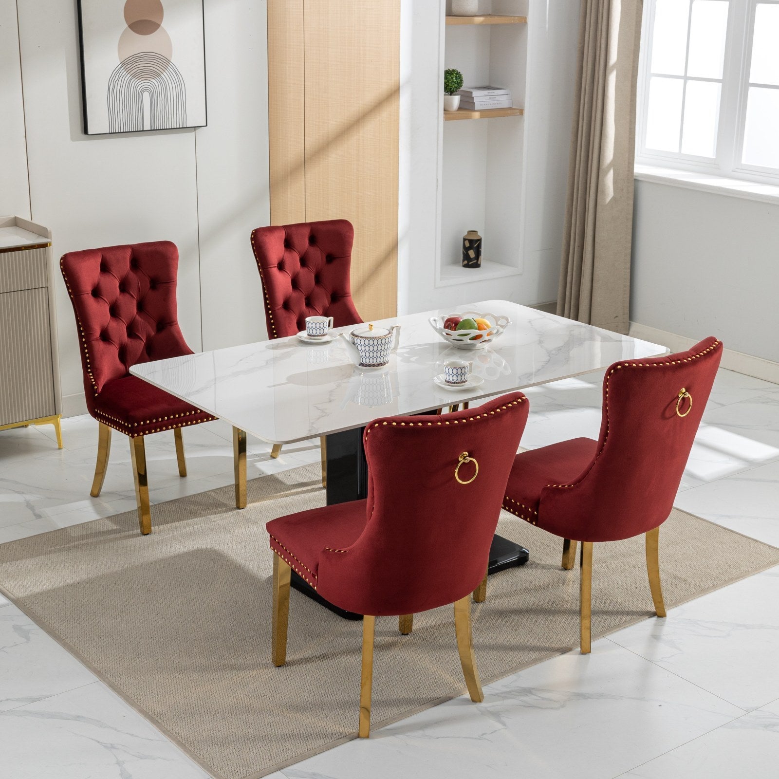 HAOYYE Nikki Collection Modern, High-end Tufted Solid Wood Contemporary Velvet Upholstered Dining Chair with Golden Stainless Steel Plating Legs,Nailhead Trim,Set of 2,Wine Red and Gold, SW1601WR,Burgundy